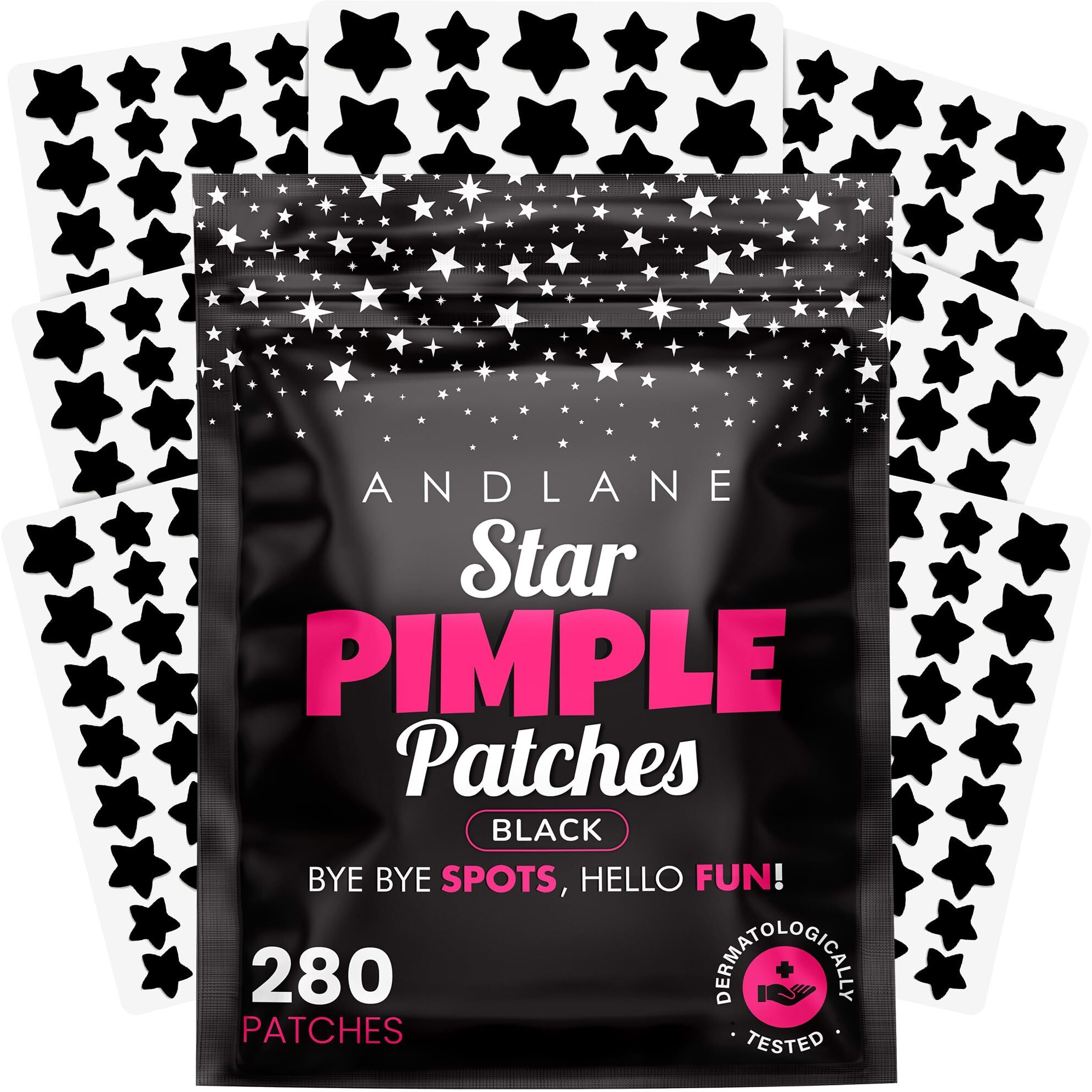 Andlane 280Pcs Star Pimple Patches For Face - Pimple Patches Cute Stars - Hydrocolloid, Salicylic Acid, Tea Tree Oil, Centella - Black Color, 3 Sizes Zit Stickers