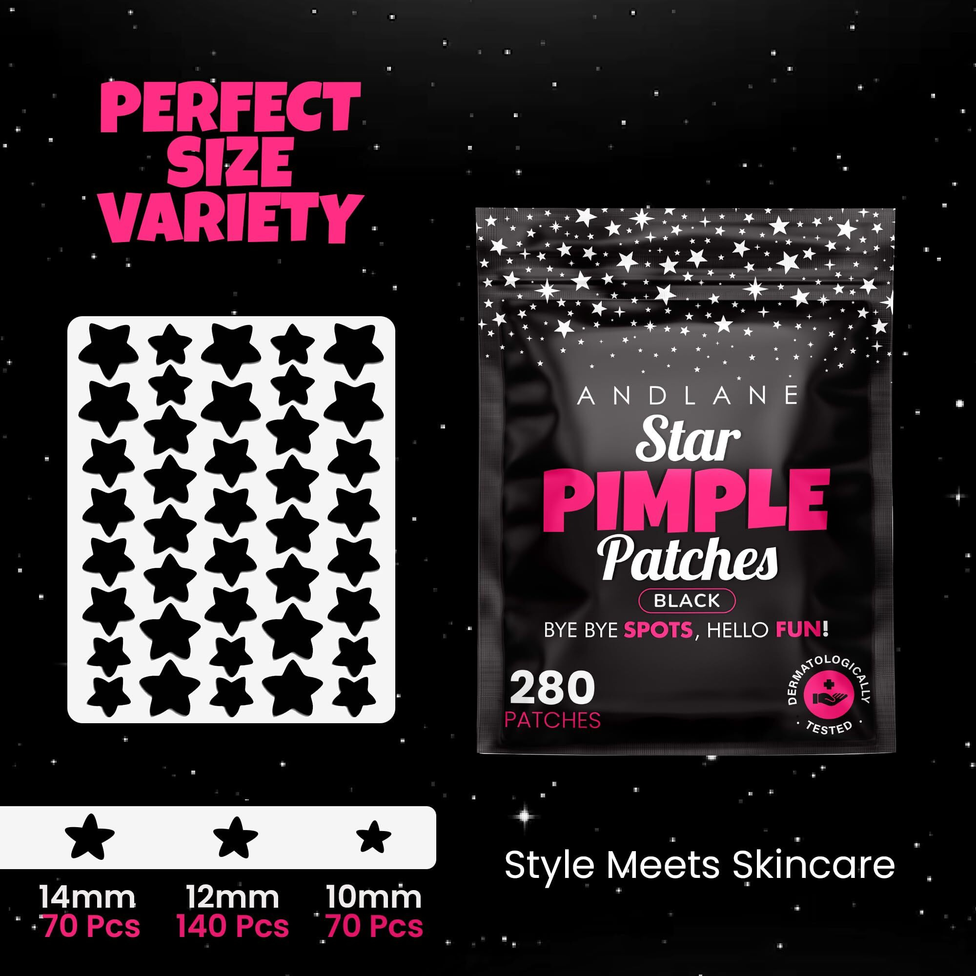 Andlane 280Pcs Star Pimple Patches For Face - Pimple Patches Cute Stars - Hydrocolloid, Salicylic Acid, Tea Tree Oil, Centella - Black Color, 3 Sizes Zit Stickers