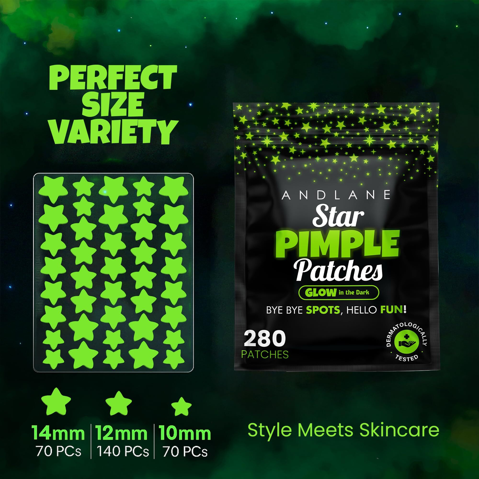 Andlane 280Pcs Star Pimple Patches For Face - Pimple Patches Cute Stars - Hydrocolloid, Salicylic Acid, Tea Tree Oil, Centella - Glow In The Dark, 3 Sizes Zit Stickers