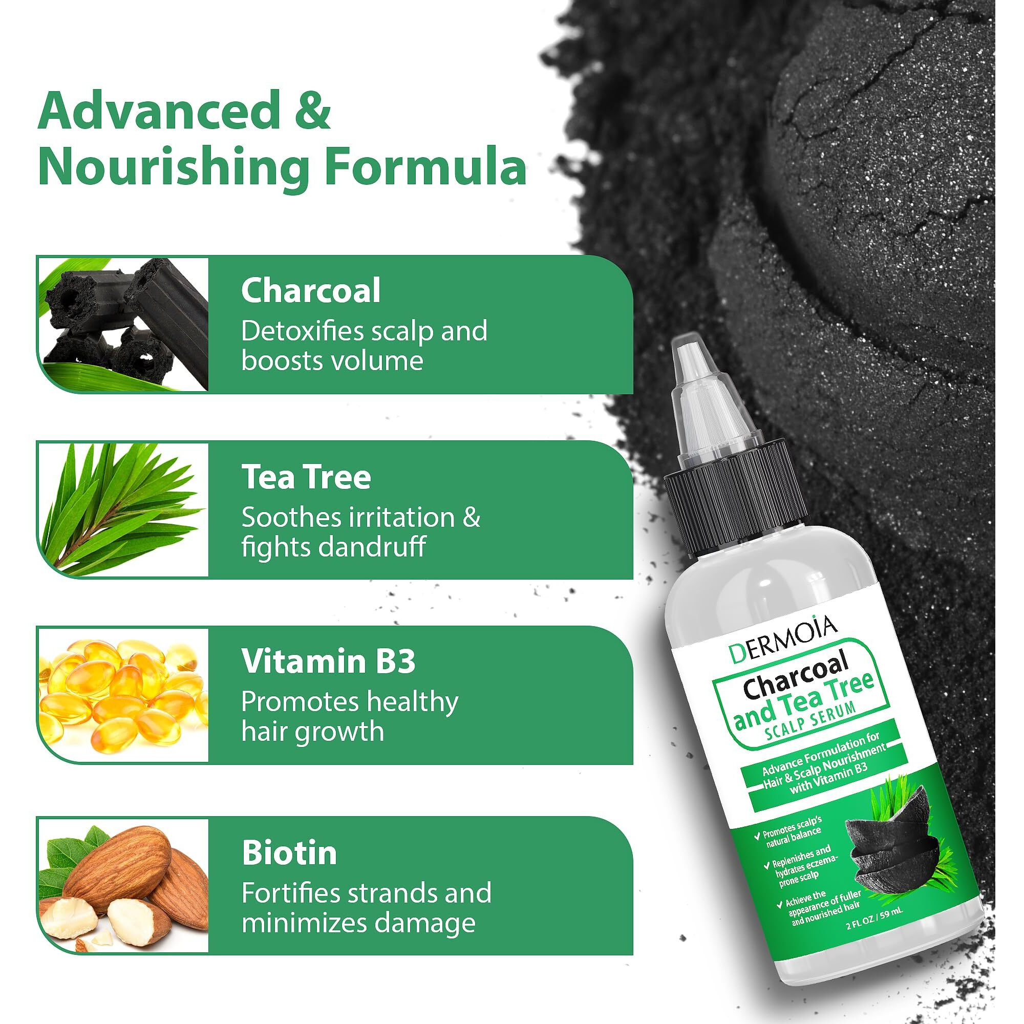 Dermoia Scalp Serum With Charcoal + Tea Tree - Non Gmo Scalp Moisturizer For Dry Itchy Scalp Relief - Fragrance Free Serum With Tea Tree Oil For Scalp Treatment - Rejuvenating Hair Serum With Vitamin