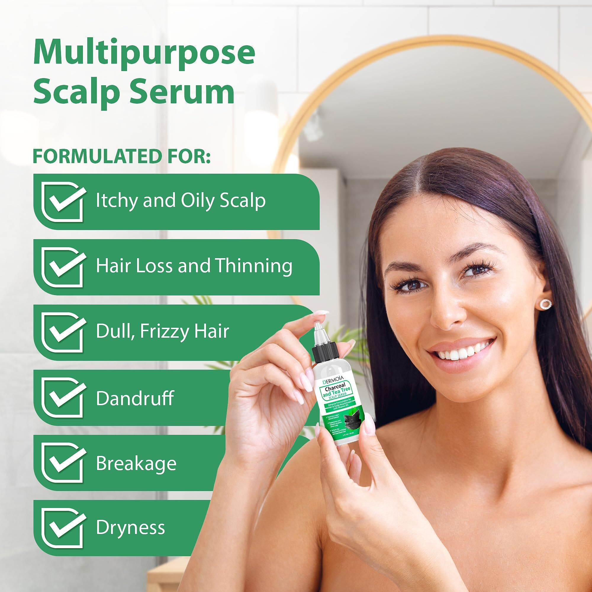 Dermoia Scalp Serum With Charcoal + Tea Tree - Non Gmo Scalp Moisturizer For Dry Itchy Scalp Relief - Fragrance Free Serum With Tea Tree Oil For Scalp Treatment - Rejuvenating Hair Serum With Vitamin