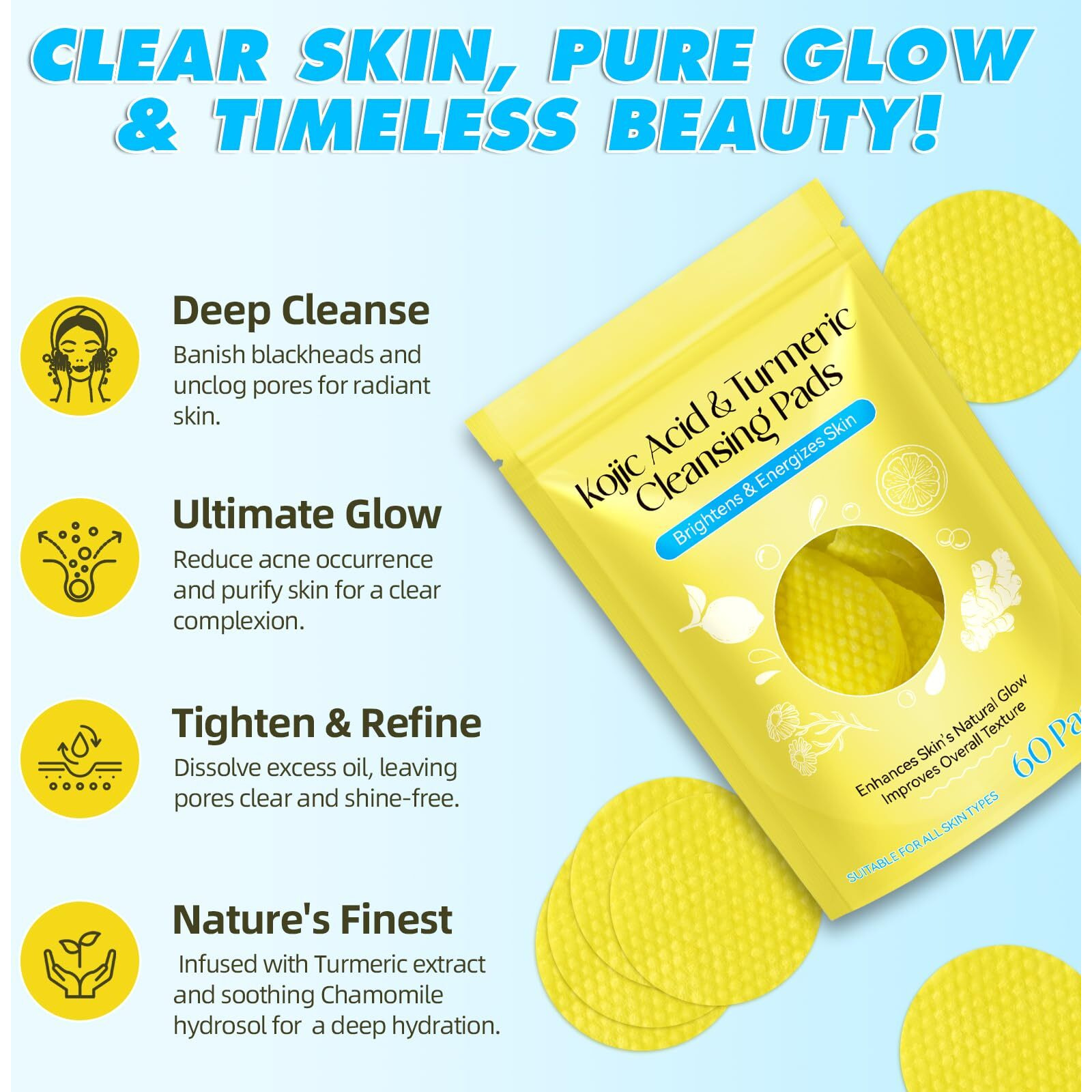 Kojic Acid And Turmeric Cleansing Pads For Face 60Pcs, Turmeric Face Scrub Pads, Cleansing & Exfoliation Balance Skin Oil & Water