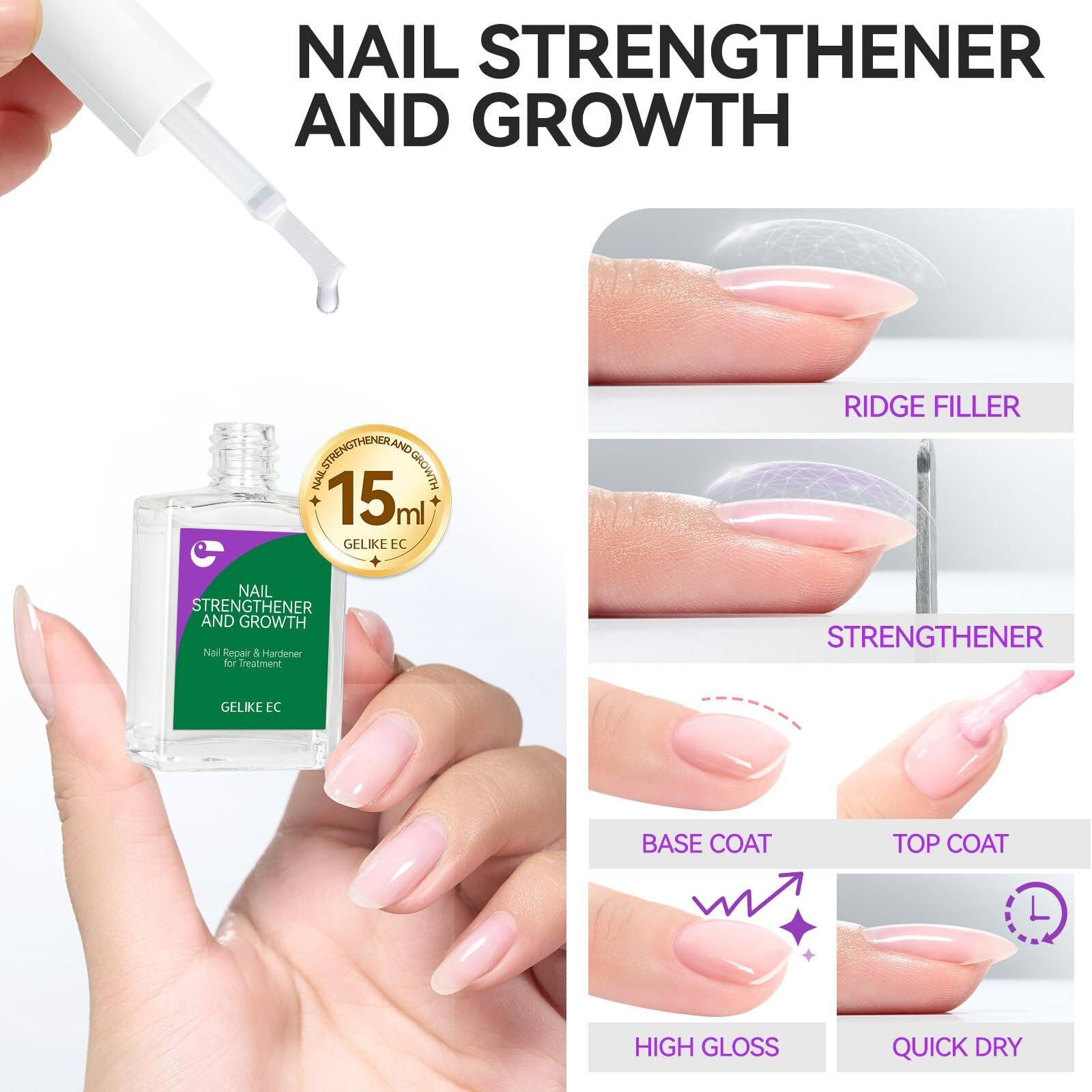 Nail Strengthener Protein For Damaged Nails Clear 15Ml Gelike Ec Natural Nail Hardener Extra Strong And Growth - Long Lasting Repair For Damaged Nails - Growth Oil For Daily Work Home Salon Gift