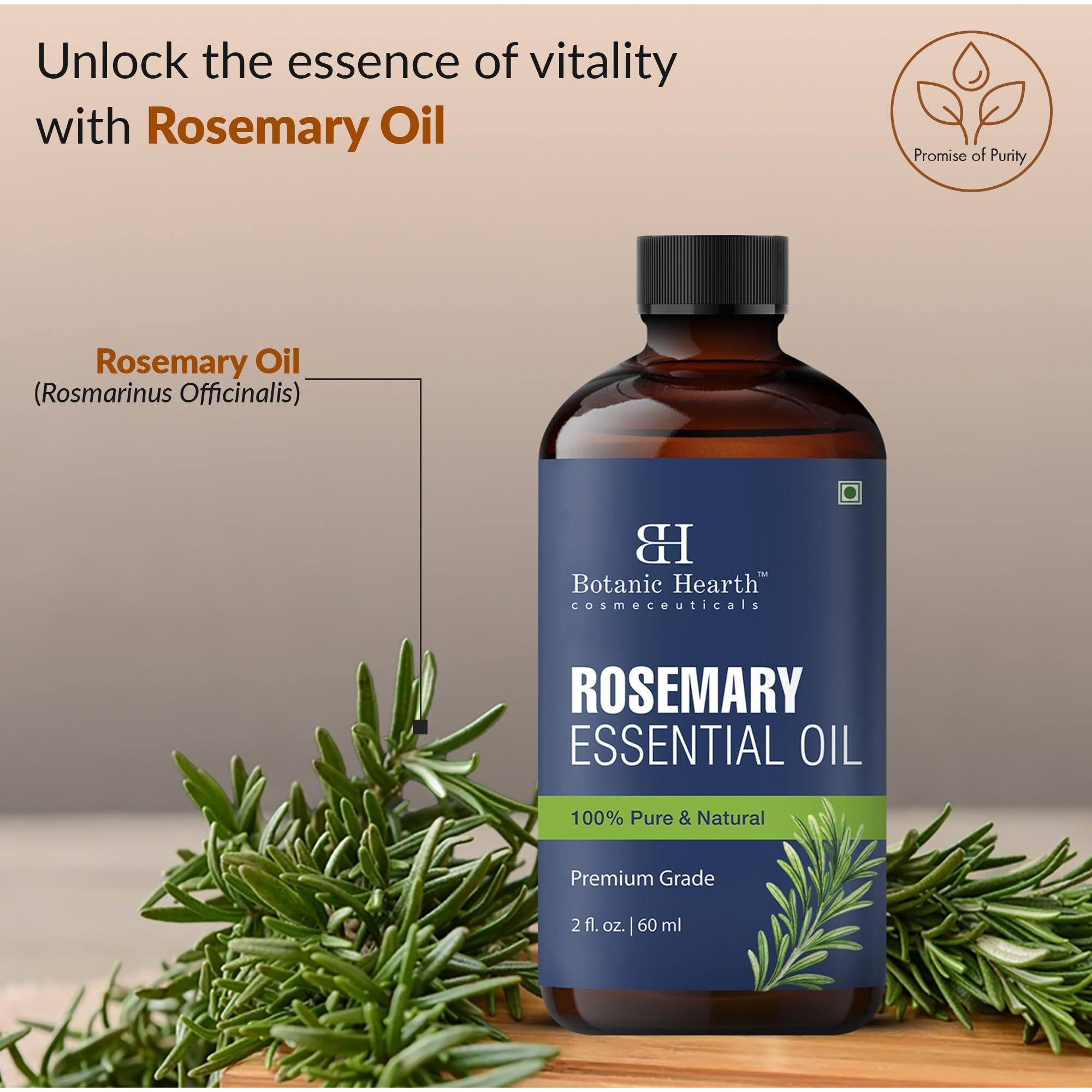 Botanic Hearth Rosemary Essential Oil | 100% Pure & Natural, Premium Grade | 2 Fl Oz (60 Ml) | For Hair, Scalp, Skin, Brows & Lashes | With Dropper & Applicators | Unrefined & Therapeutic Grade