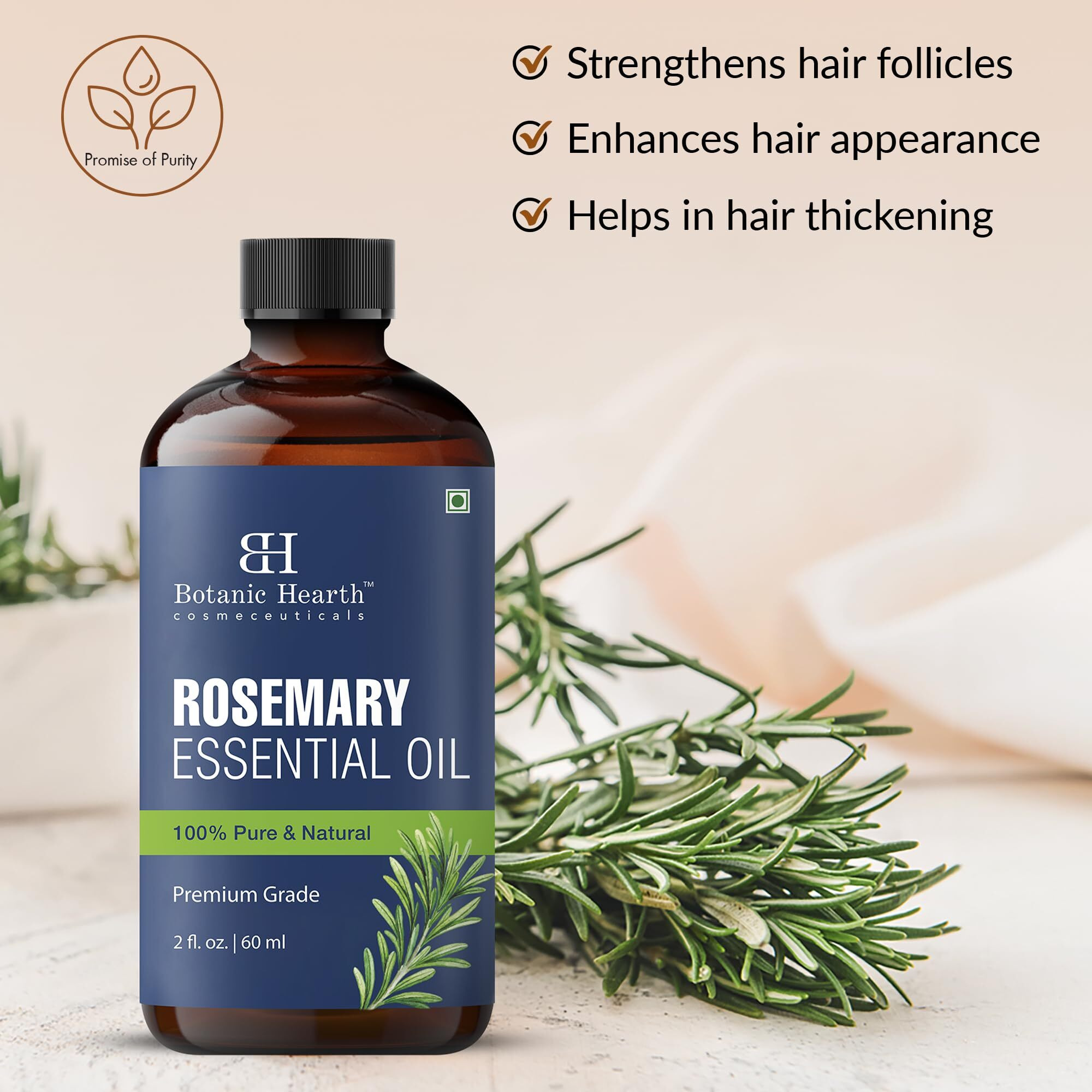 Botanic Hearth Rosemary Essential Oil | 100% Pure & Natural, Premium Grade | 2 Fl Oz (60 Ml) | For Hair, Scalp, Skin, Brows & Lashes | With Dropper & Applicators | Unrefined & Therapeutic Grade