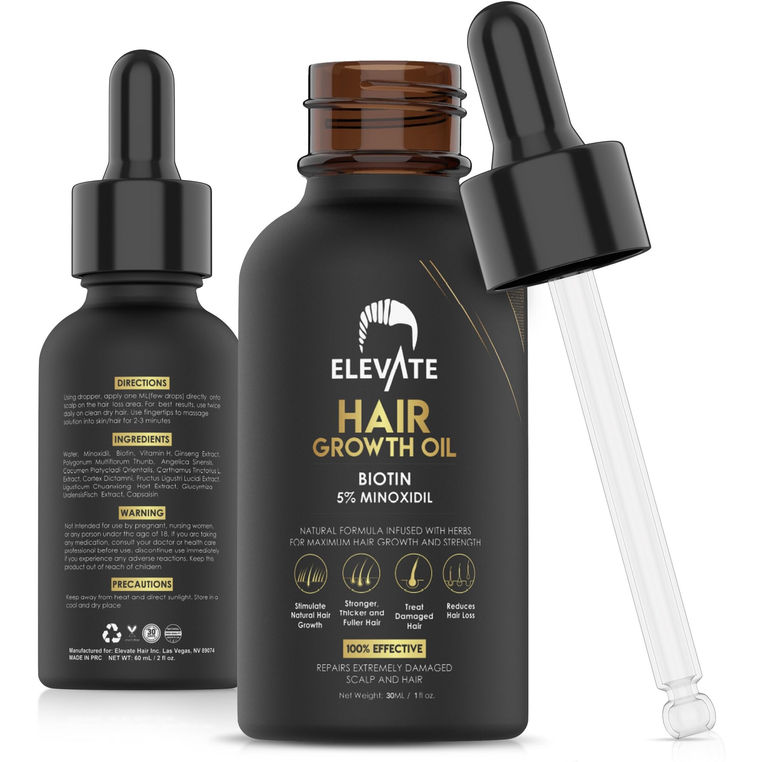 Elevate Hair Growth Oil - Biotin Serum & 5% Minoxidil Treatment For Stronger Thicker Longer Hair - Natural Hair Growth Thickening Treatment - Stop Thinning & Hair Loss For Men & Women 1Oz