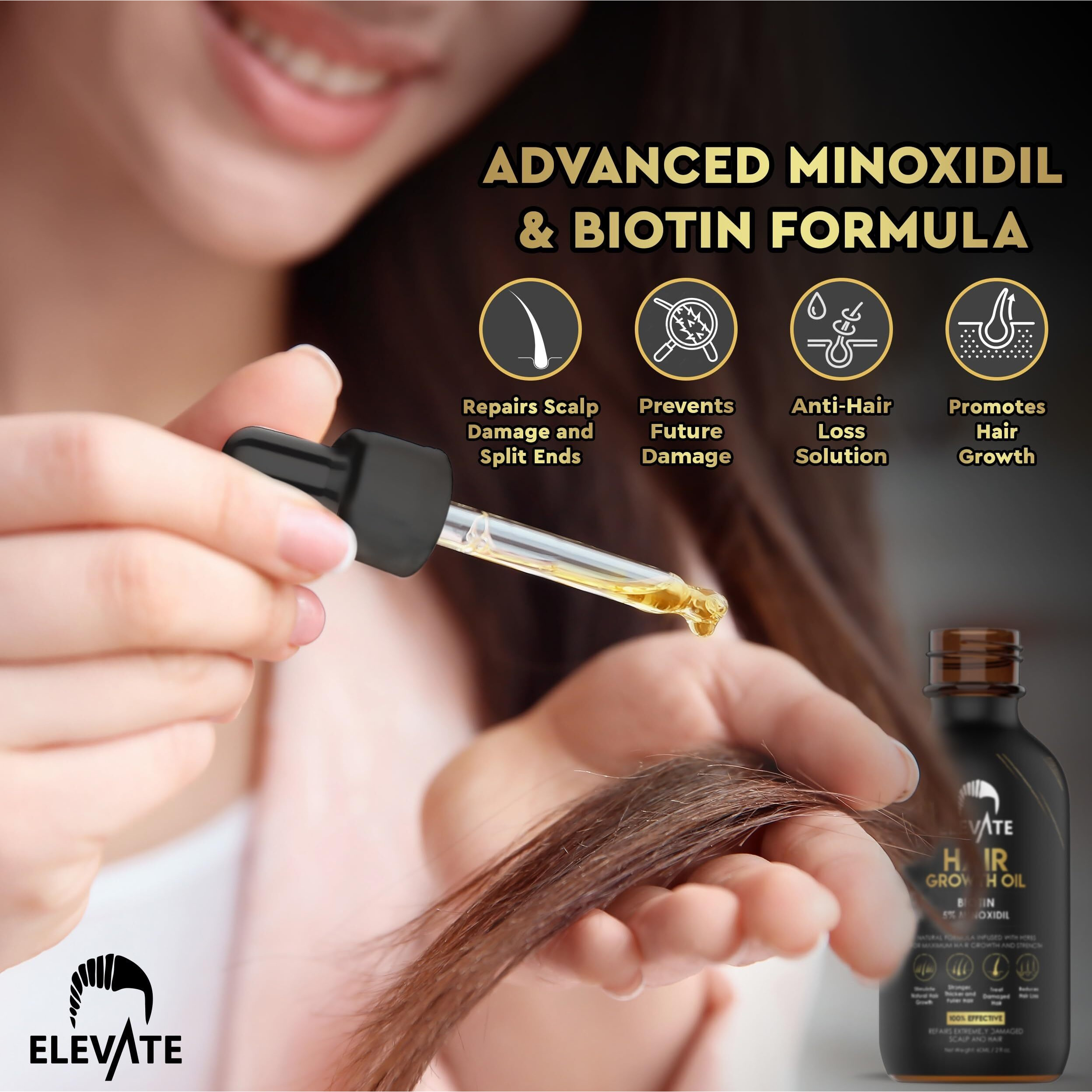 Elevate Hair Growth Oil - Biotin Serum & 5% Minoxidil Treatment For Stronger Thicker Longer Hair - Natural Hair Growth Thickening Treatment - Stop Thinning & Hair Loss For Men & Women 1Oz