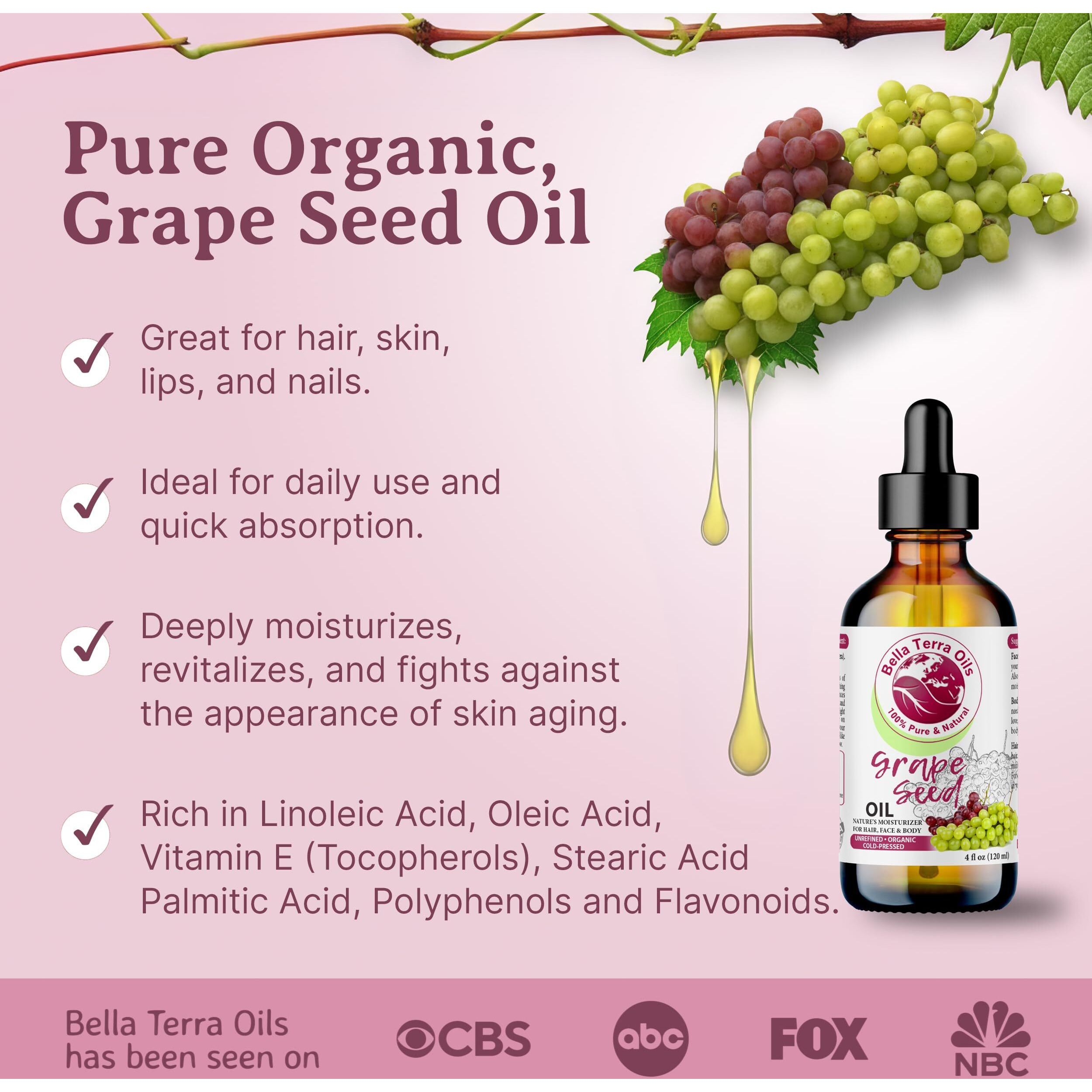 Bella Terra Oils Grape Seed Oil For Radiant Skin - 1Gallon, Rich In Antioxidants, Enhances Skin Elasticity, Feather-Light, Non-Greasy