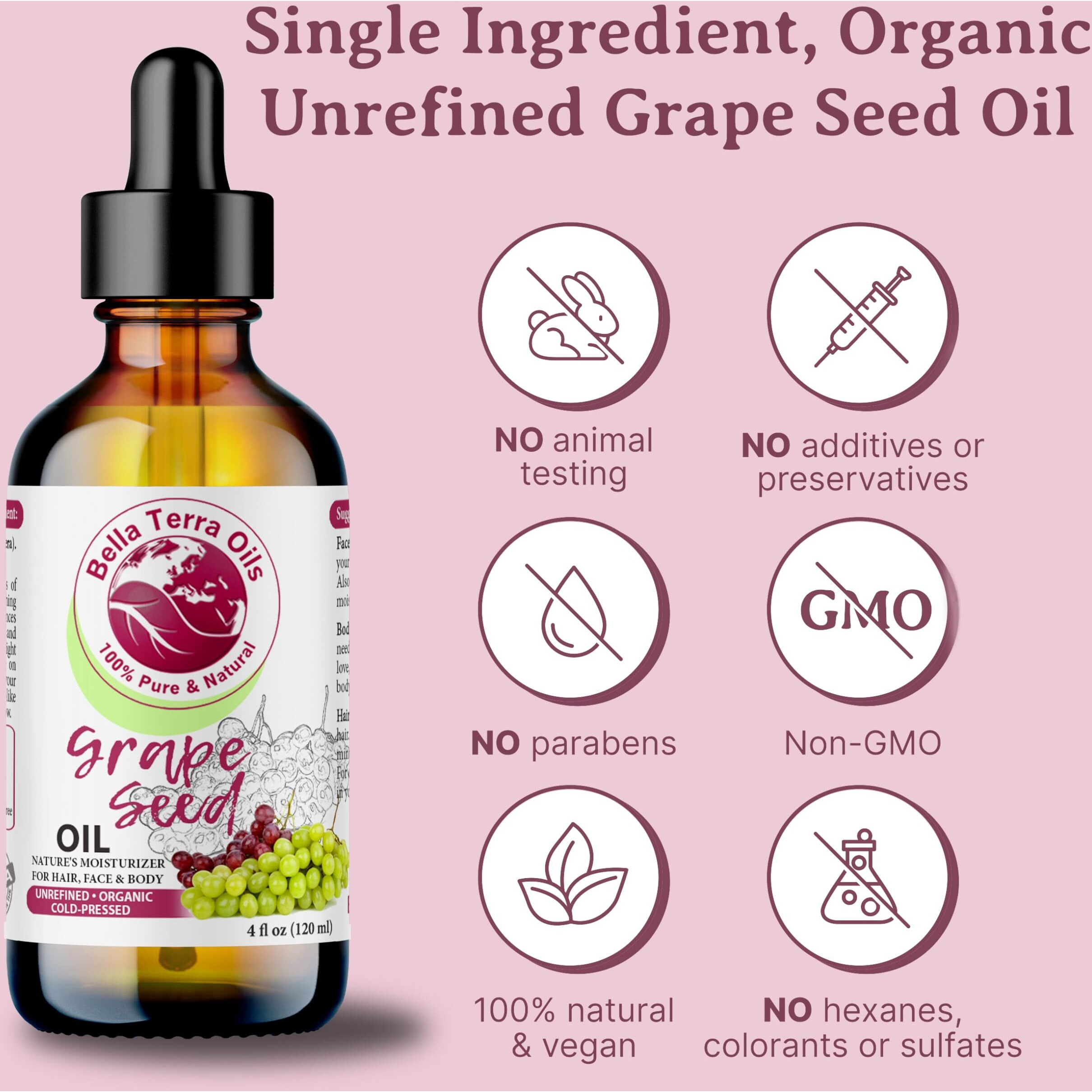 Bella Terra Oils Grape Seed Oil For Radiant Skin - 1Gallon, Rich In Antioxidants, Enhances Skin Elasticity, Feather-Light, Non-Greasy