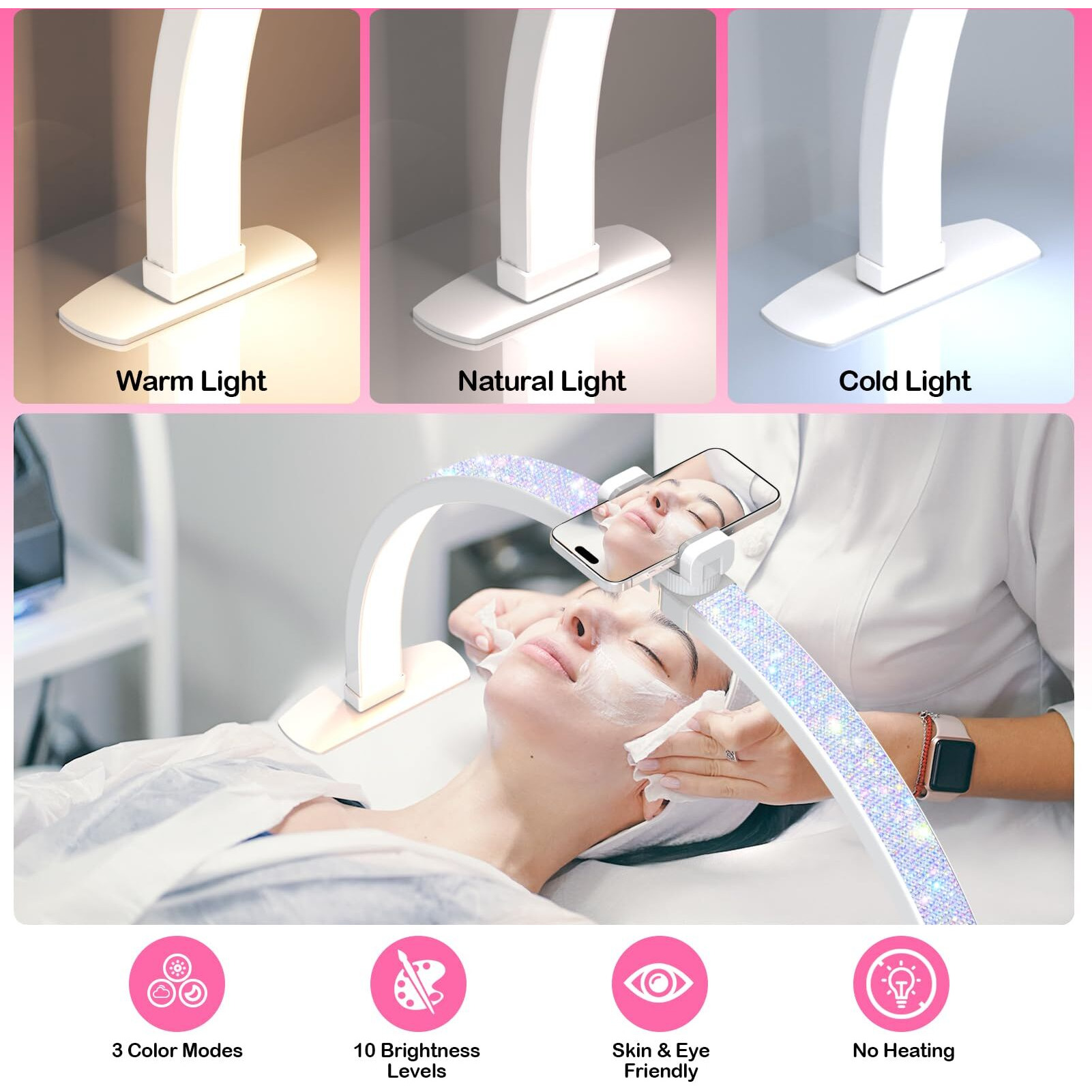 Slyfte Professional Large Half Moon Light For Nail Desk With Phone Holder, Arch Light For Nail Techs For Manicure Table (Pink, Large)