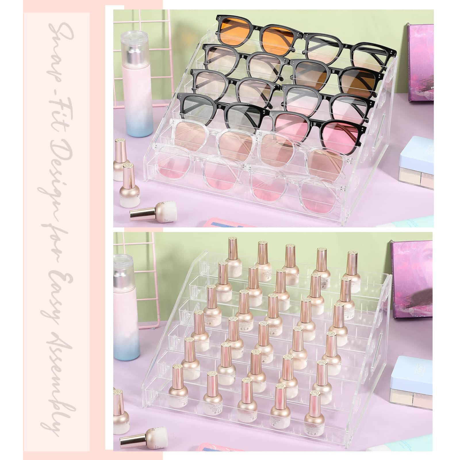 Jetec 2 Pcs Acrylic Card Display Stand Versatile Display For Trading Cards Greeting Card Sunglasses Organizer Nail Polish Holder Essential Oils Cosmetic Cases Eyewear Rack(6 Tiers Style)