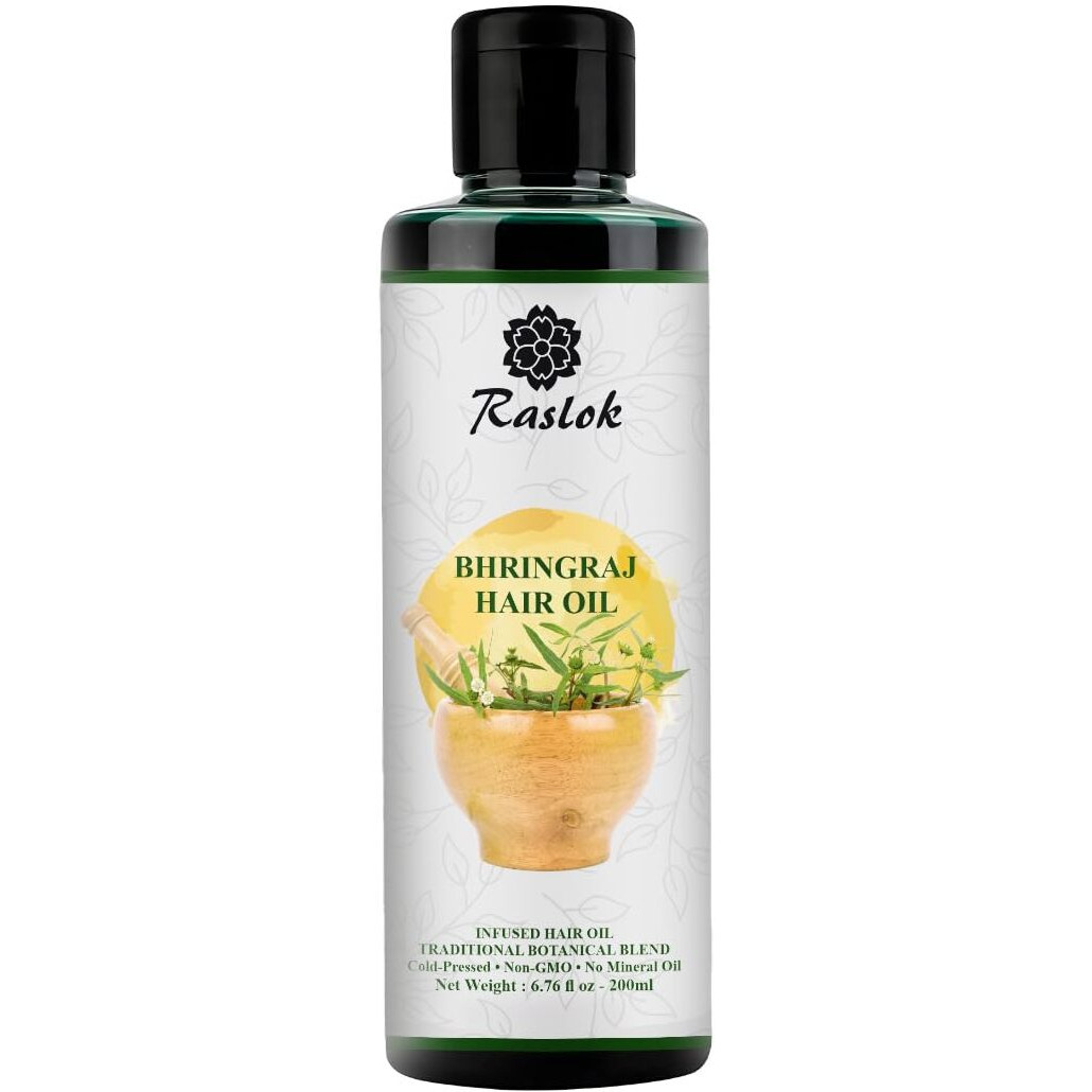 Raslok Bhringraj Hair Oil 6.76 Fl Oz -200Ml | Ayurvedic Botanical Blend With Amla, Neem, Hibiscus & Brahmi | Cold-Pressed | Non-Gmo | No Mineral Oil | Made In India