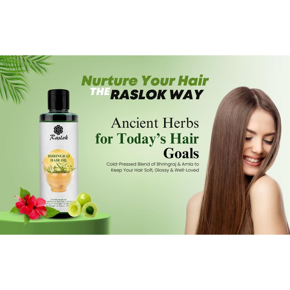 Raslok Bhringraj Hair Oil 6.76 Fl Oz -200Ml | Ayurvedic Botanical Blend With Amla, Neem, Hibiscus & Brahmi | Cold-Pressed | Non-Gmo | No Mineral Oil | Made In India