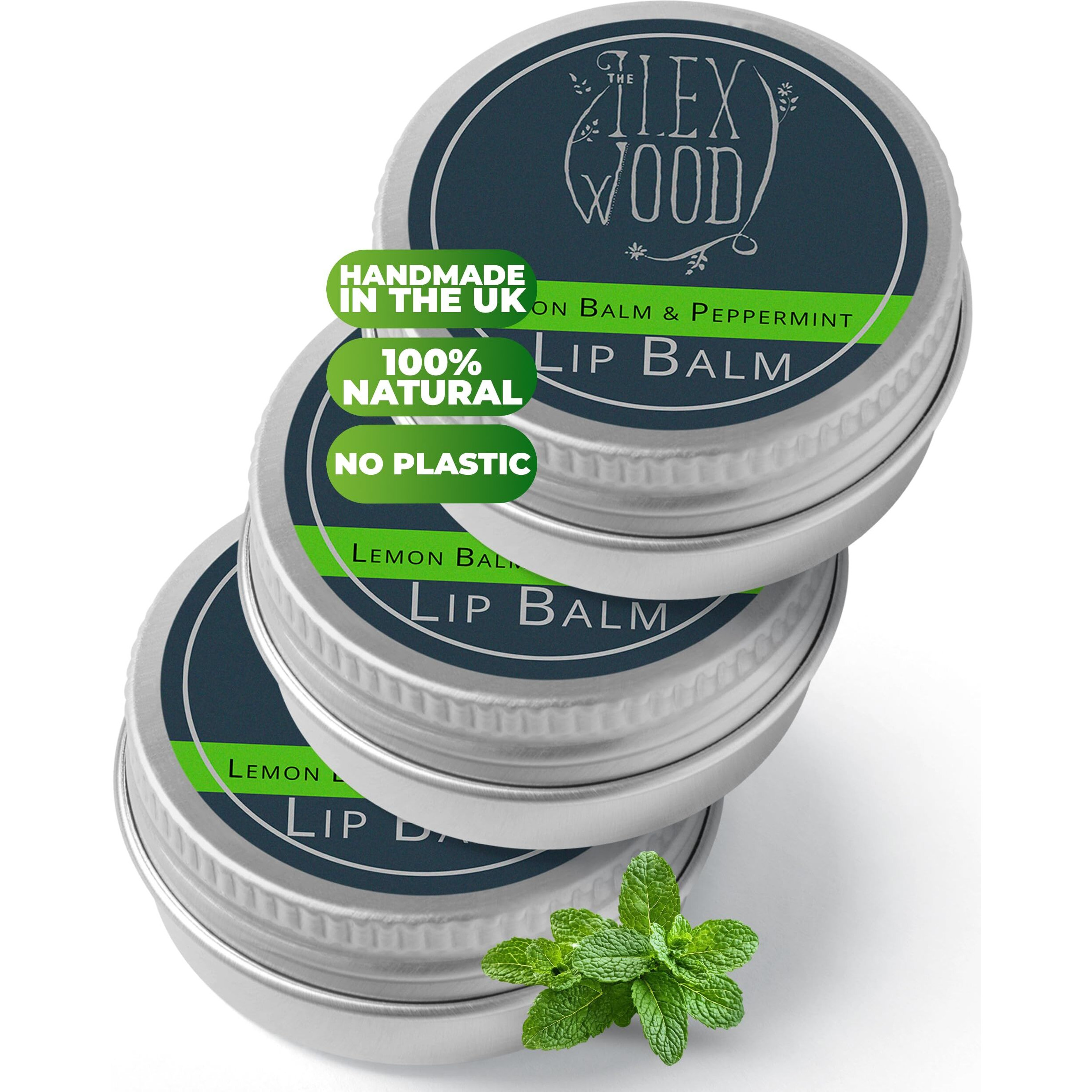 The Ilex Wood - Lip Balm Pack Of 3 - Lemon Balm And Peppermint - All Natural, Coldsore Prevention, Palm Oil Free, Cruelty Free, Plastic Free, Moisturising Lip Balm, Handcrafted - 3 X 10Ml