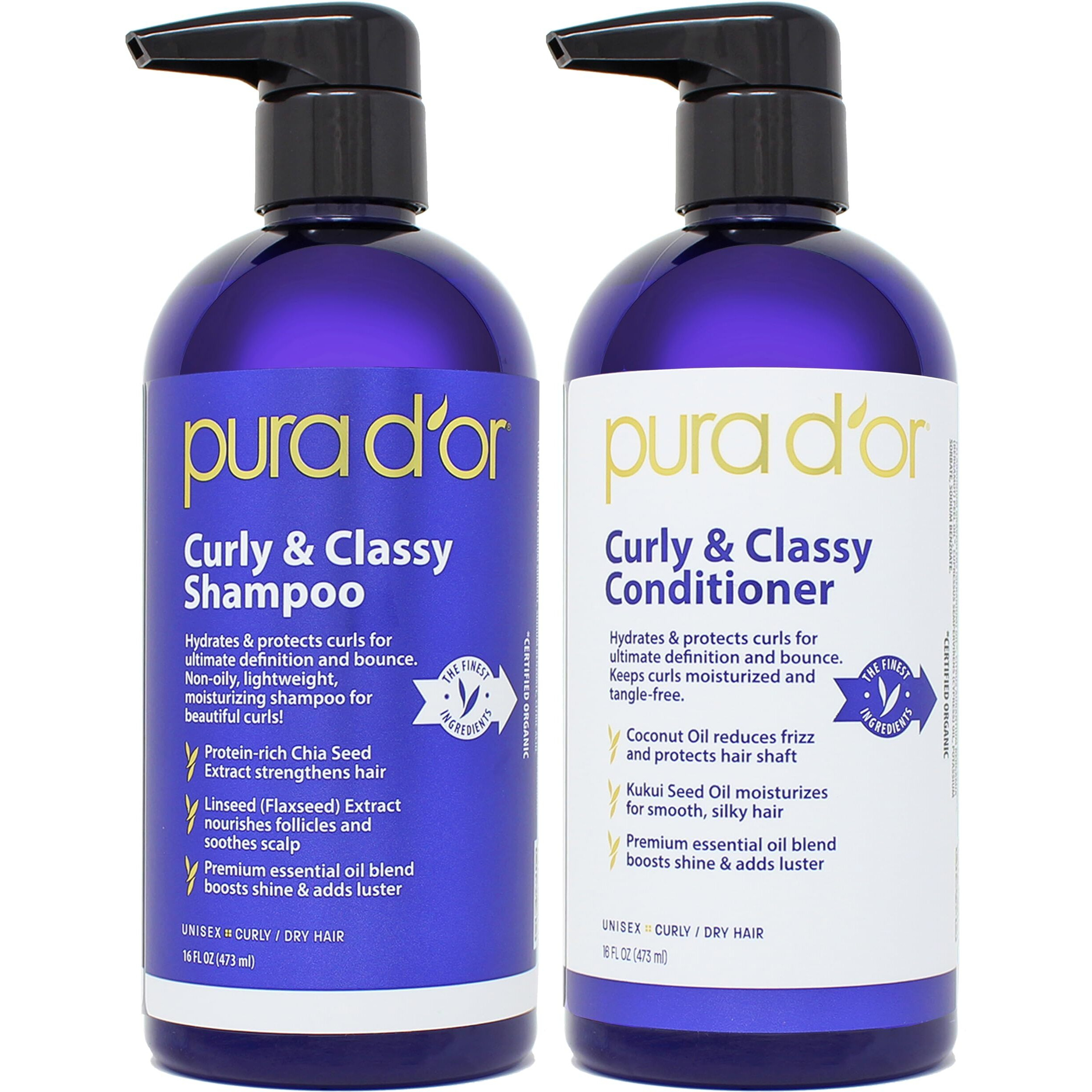 Pura D'Or Curly & Classy Shampoo & Conditioner Set For Defined Curls - Nourishing Formula With Argan, Castor, Geranium, Coconut & Kukui Seed Oils