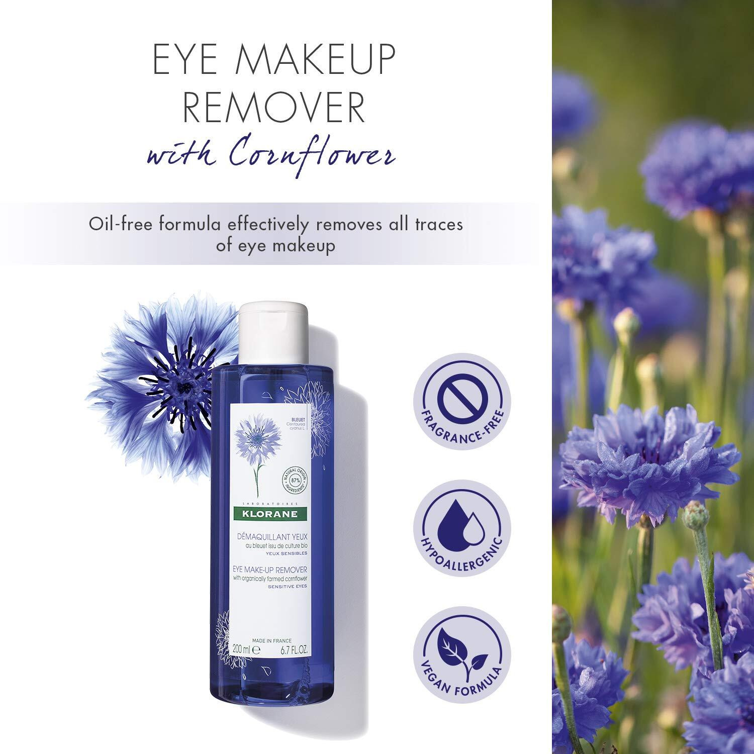 Klorane - Eye Makeup Remover With Organically Farmed Cornflower - For Sensitive Skin - Free Of Oil, -Fragrance, & Sulfates - 6.7 Fl. Oz.