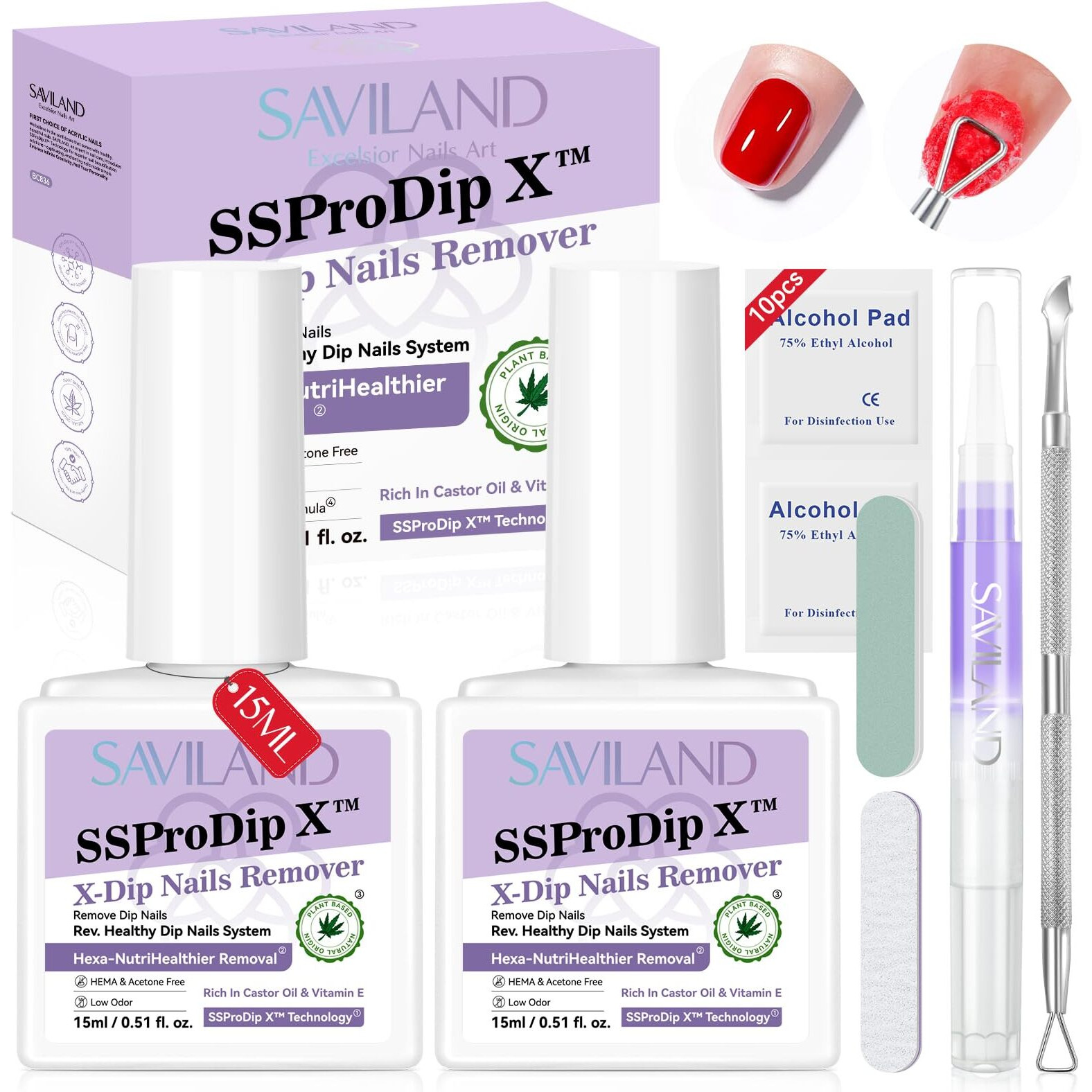 Saviland Dip Powder Remover Kit 2Pcs 15Ml Gentle & Safe Dip Nail Remover With Cuticle Oil Nail File Tools No Soak Or Wrapping Removal Easy Remove At Home Gift For Women