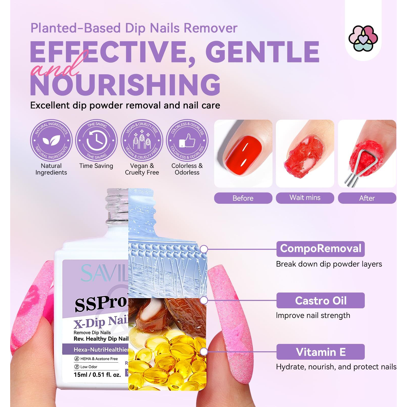 Saviland Dip Powder Remover Kit 2Pcs 15Ml Gentle & Safe Dip Nail Remover With Cuticle Oil Nail File Tools No Soak Or Wrapping Removal Easy Remove At Home Gift For Women