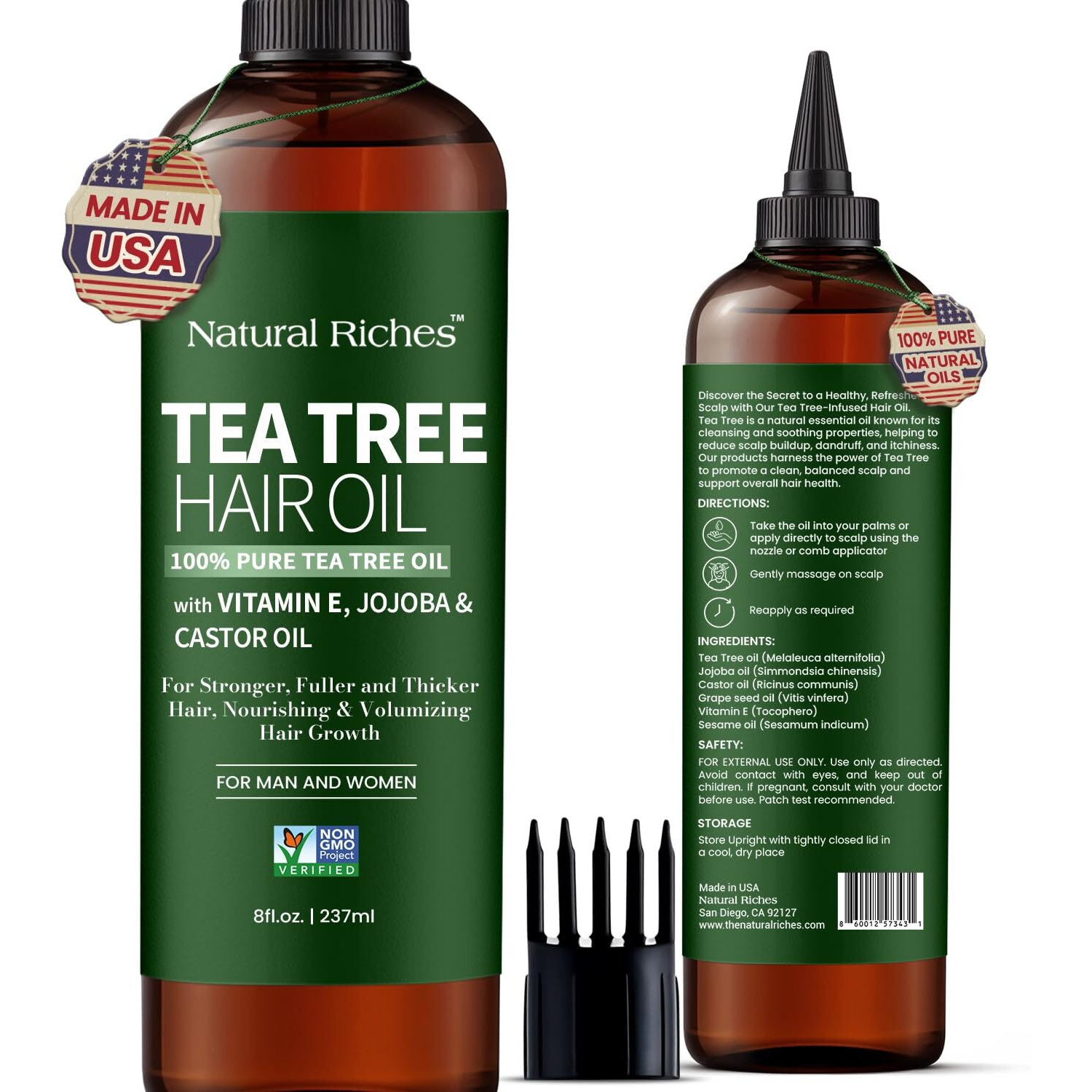 Natural Riches Tea Tree Oil For Hair - Blended With Vitamin E And Castor Oil For Hair Growth - Tea Tree Scalp Treatment For Dry Scalp - Lightweight Scalp Oil For Healthy, Strong Hair - 8 Fl Oz