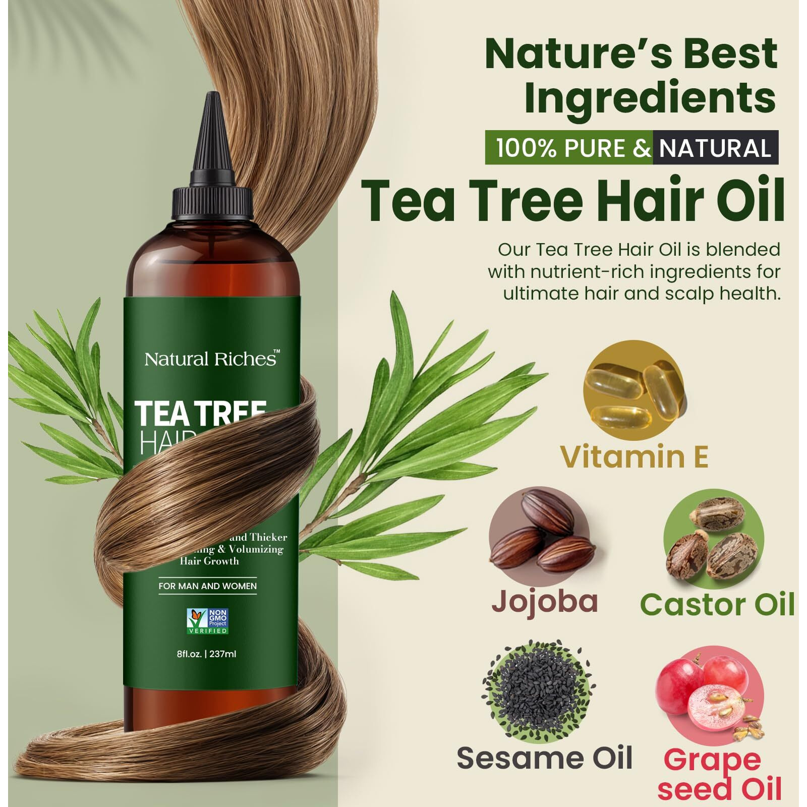 Natural Riches Tea Tree Oil For Hair - Blended With Vitamin E And Castor Oil For Hair Growth - Tea Tree Scalp Treatment For Dry Scalp - Lightweight Scalp Oil For Healthy, Strong Hair - 8 Fl Oz