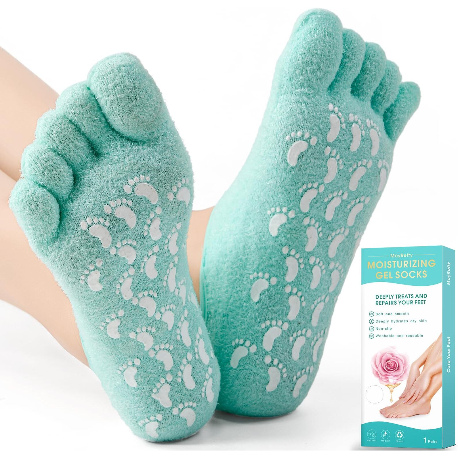Moyretty Moisturizing Silicone Gel Socks With 5-Toes, Dry Cracked Feet Treatment, Gel Socks For Dry Cracked Feet Women Lavender Oil Infused-Green