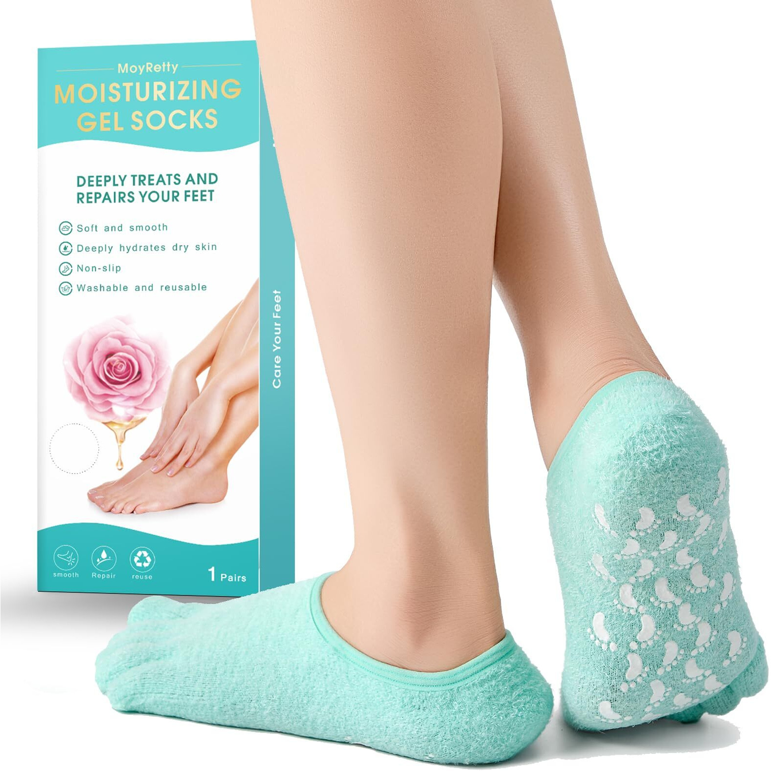 Moyretty Moisturizing Silicone Gel Socks With 5-Toes, Dry Cracked Feet Treatment, Gel Socks For Dry Cracked Feet Women Lavender Oil Infused-Green