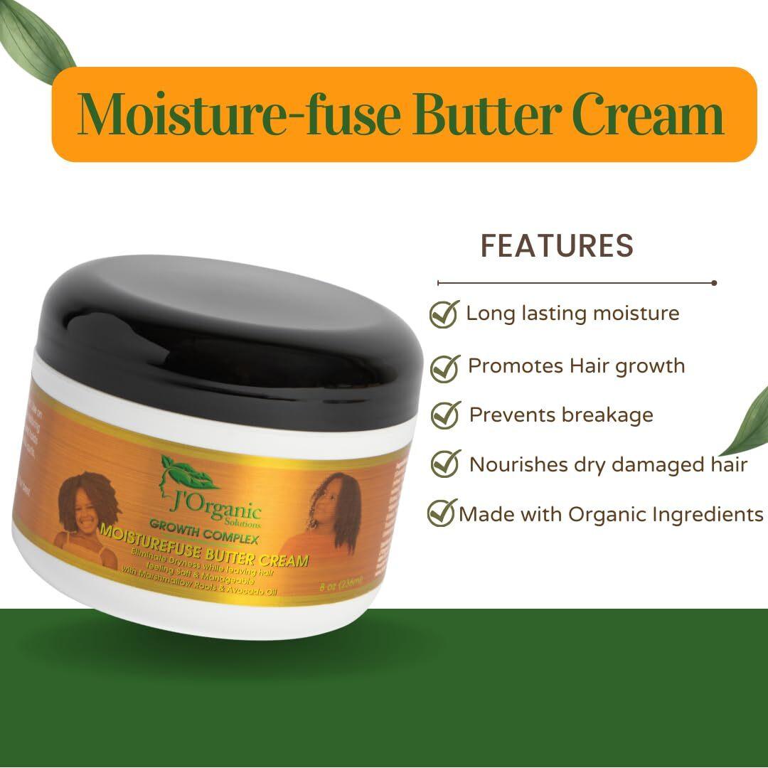 J'Organic Solutions Moisture Fuse Buttercream Daily Hair Moisturizer With Marshmallow Root & Avocado Oil - Boost Natural Shine, Lock-In Deep Moisture, And Promote Easy Manageability.