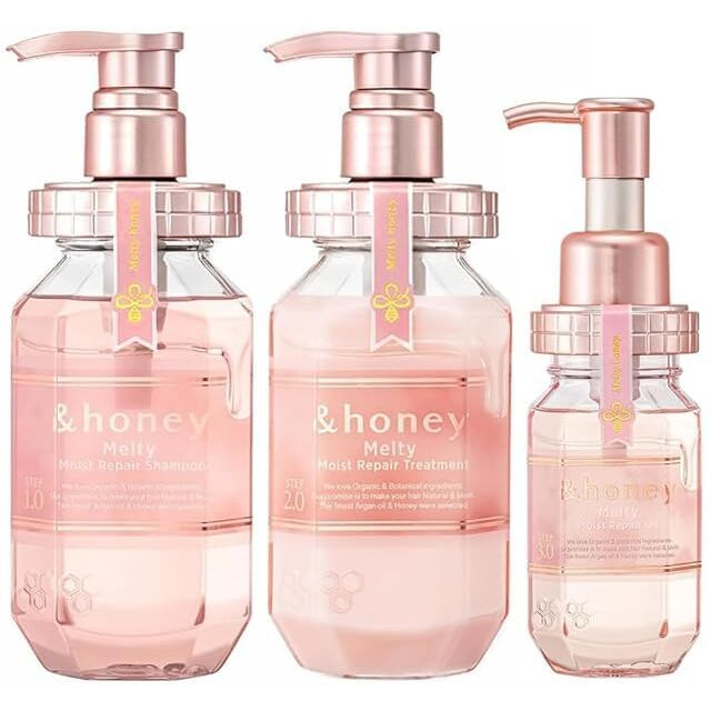 &-Honey Melty Moist Shampoo,Treatment 440Ml Each& Hair Oil 100Ml Set Deep Nourishment And Revitalization - Organic Ingredients Perfect For Frizzy, Wavy, Curly Hair