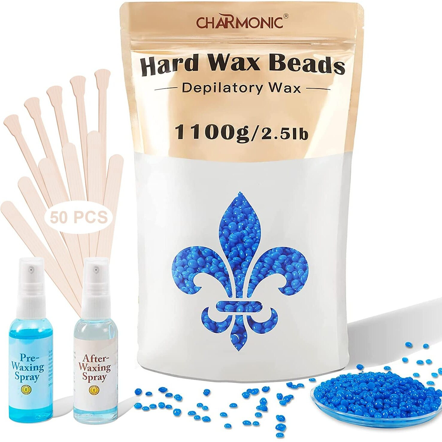 2.5 Lb/1100G Wax Beads, Hard Wax Kit With 2 Wax Treatment Oils, Hard Wax Beads For Legs Underarm Face Bikini, And Brazilian Hair Remover, Women And Men Hair Removal Wax Beans Include 50 Waxing Sticks
