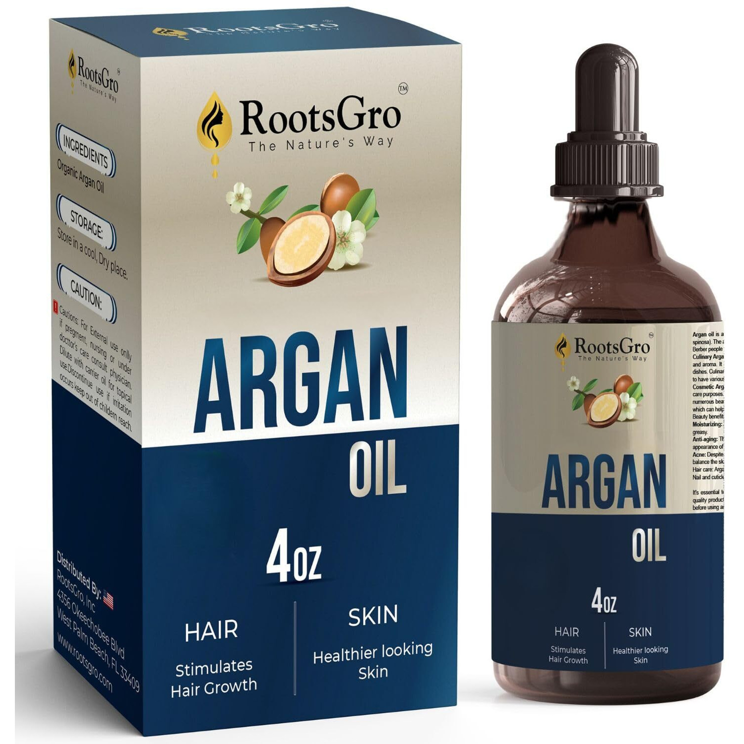 Rootsgro Argan Oil - Multi-Purpose Oil For Hair, Skin & Nails - Lightweight & Fast-Absorbing - Ideal For Scalp, Face & Cuticle Care - Dropper Included For Easy Application - 4 Fl Oz Bottle