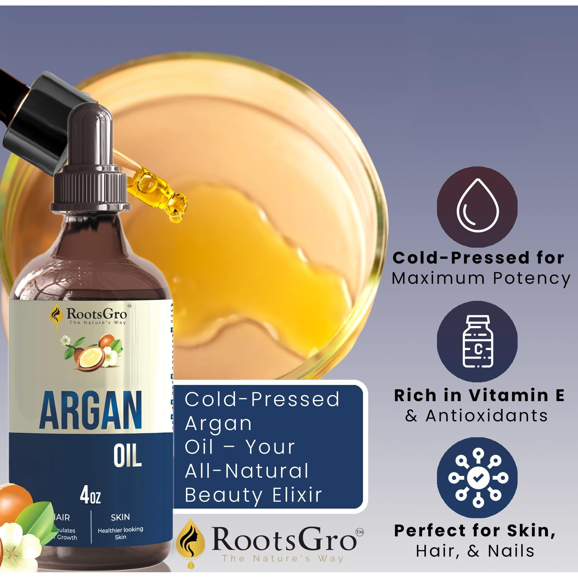 Rootsgro Argan Oil - Multi-Purpose Oil For Hair, Skin & Nails - Lightweight & Fast-Absorbing - Ideal For Scalp, Face & Cuticle Care - Dropper Included For Easy Application - 4 Fl Oz Bottle