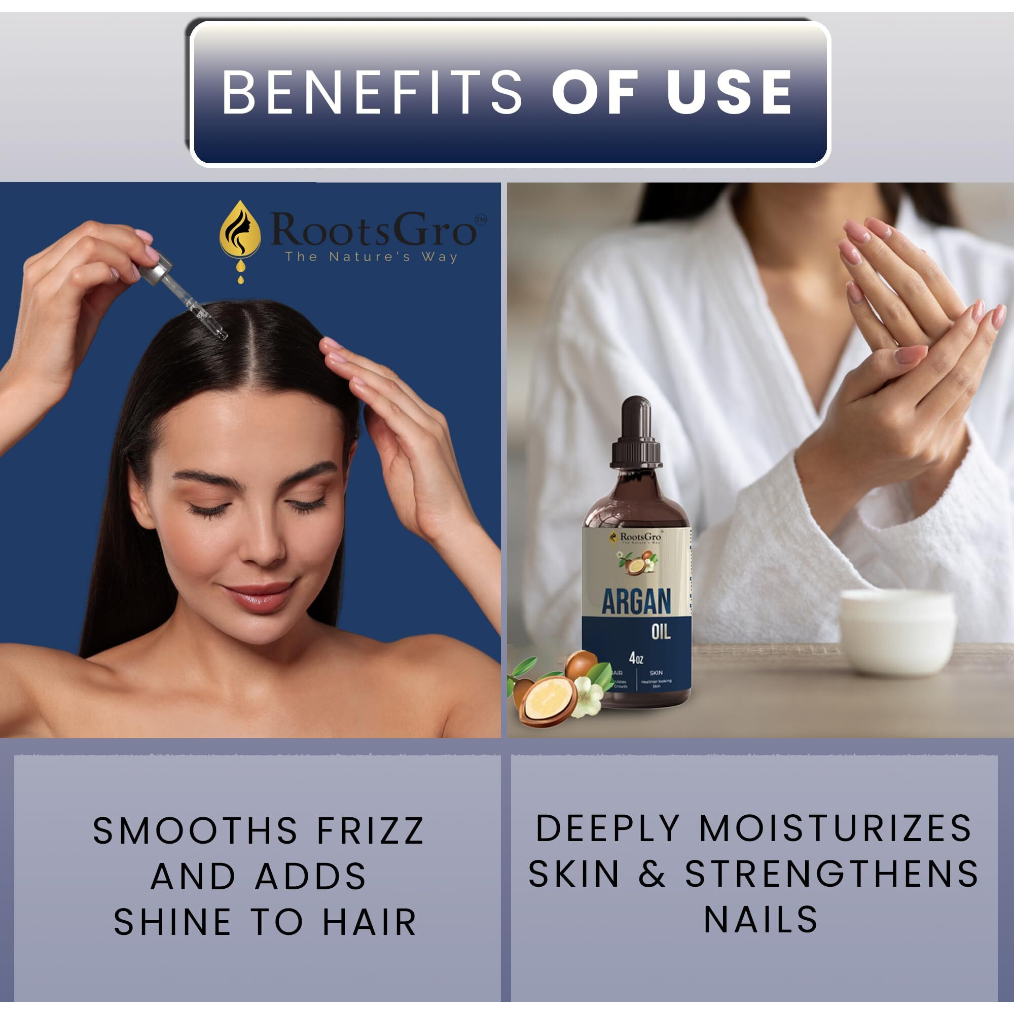 Rootsgro Argan Oil - Multi-Purpose Oil For Hair, Skin & Nails - Lightweight & Fast-Absorbing - Ideal For Scalp, Face & Cuticle Care - Dropper Included For Easy Application - 4 Fl Oz Bottle