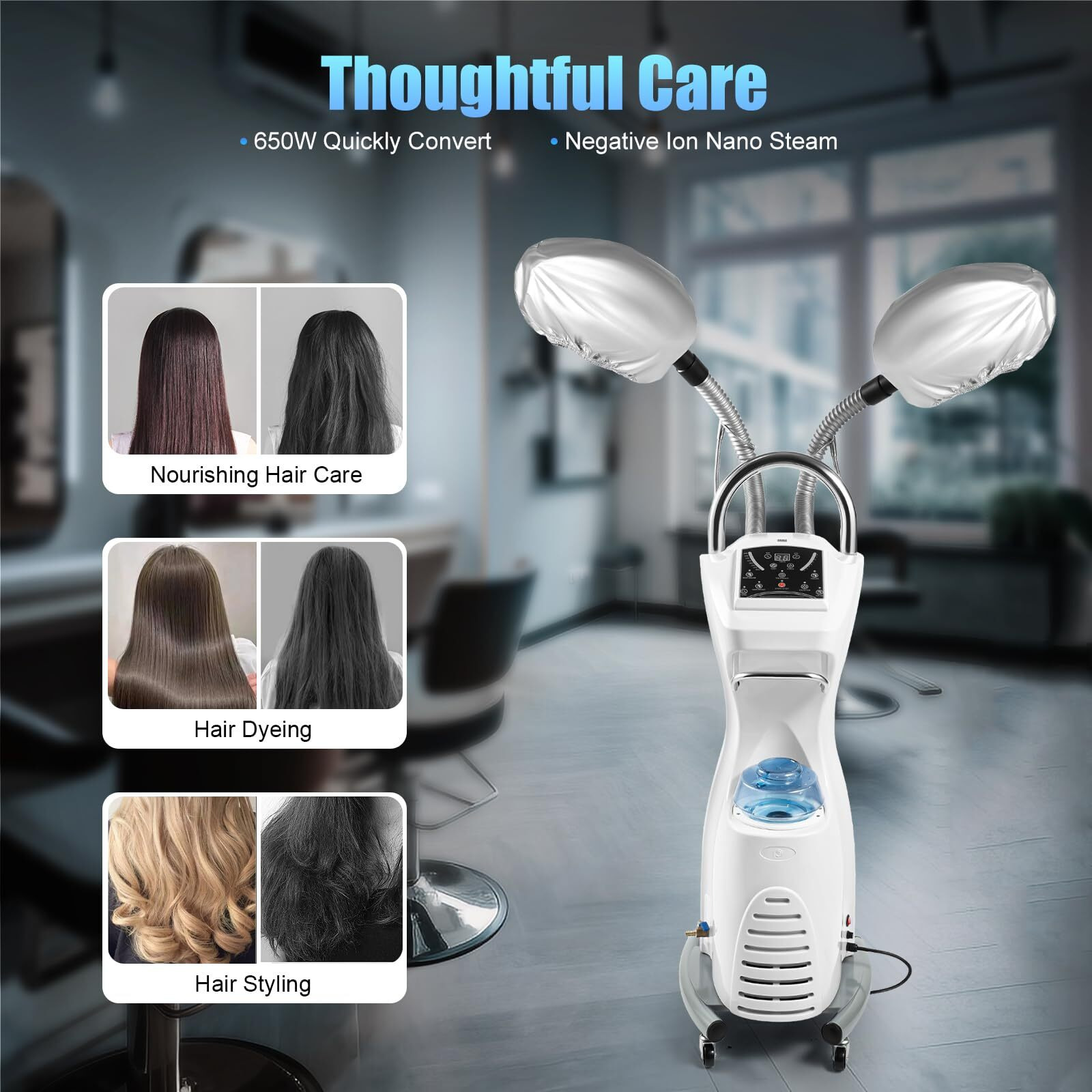 700W Professional Salon Hair Steamer Rolling Stand Color Processor Hair Dyeing Machine 110V 7 In 1 Rolling Ozone Hair Care Spa Oil Treatment With Rolling Floor Stand Base Salon Spa Equipment