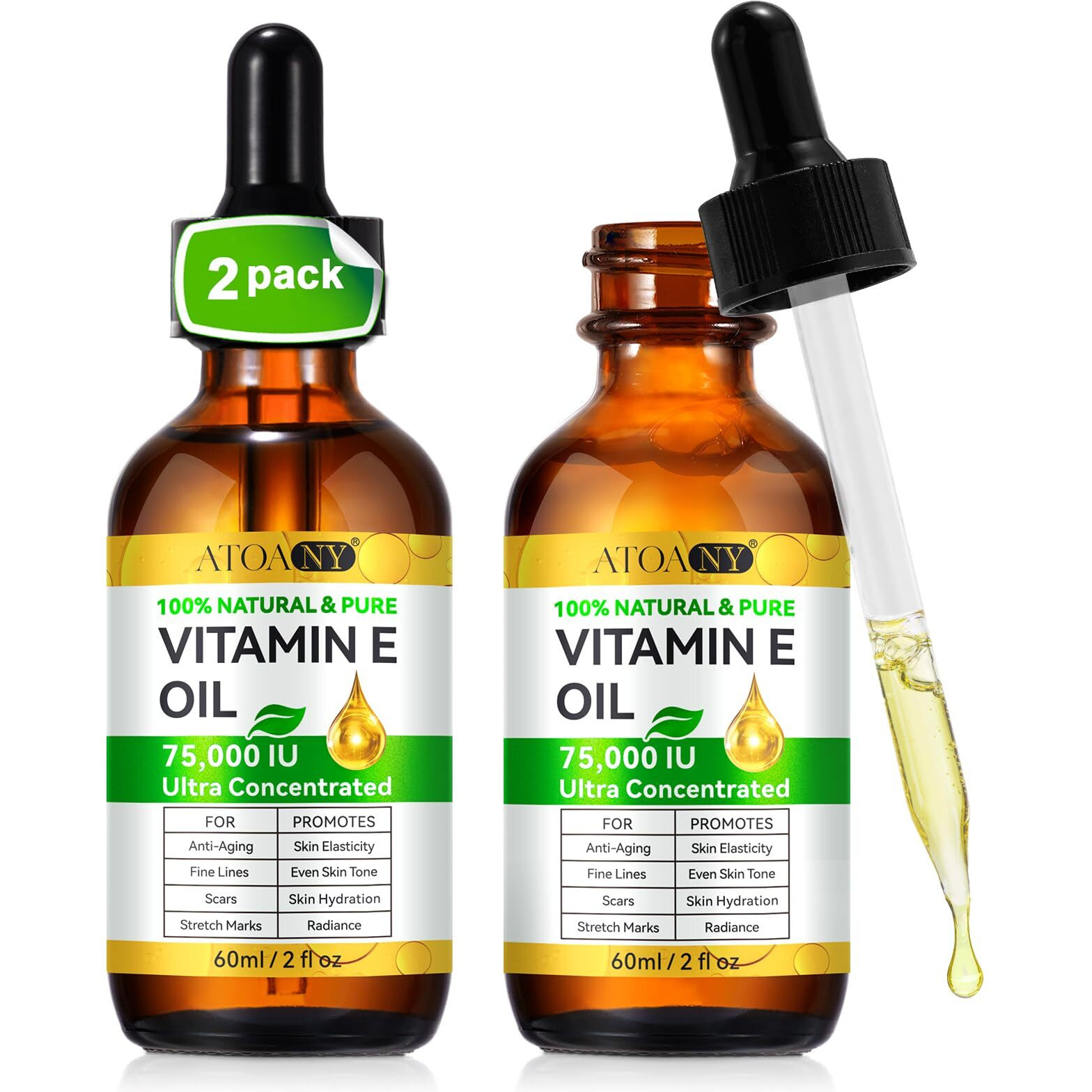 Vitamin E Oil, 75000 Iu Ultra Concentrated - 100% Natural & Pure For Face, Skin, Scars - Moisturizes Dry Skin & Reduces Wrinkles - Mothers Day Gifts For Mom, Women, Wife - 2 Packs