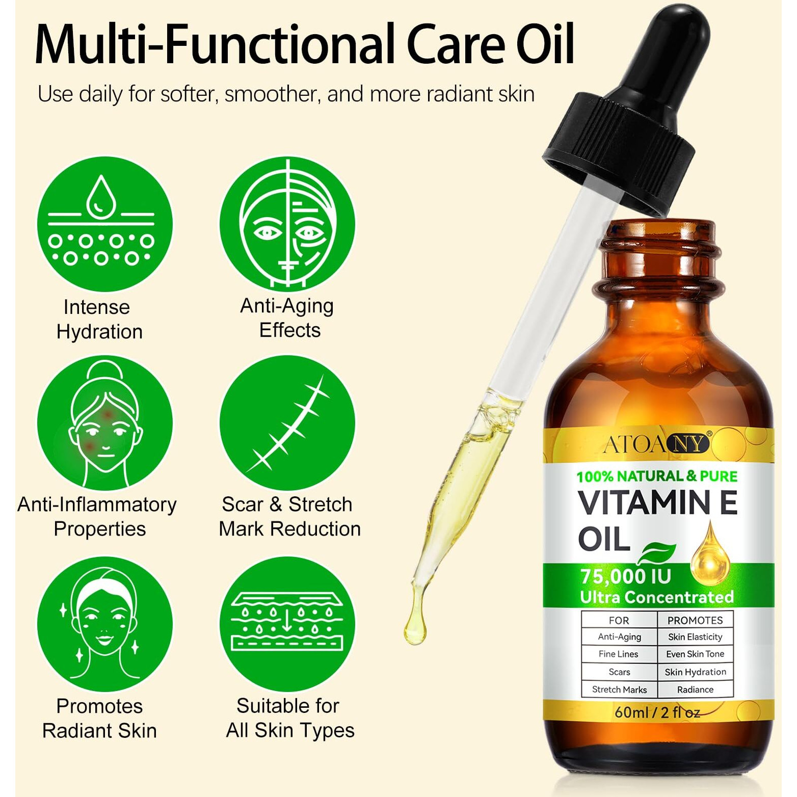 Vitamin E Oil, 75000 Iu Ultra Concentrated - 100% Natural & Pure For Face, Skin, Scars - Moisturizes Dry Skin & Reduces Wrinkles - Mothers Day Gifts For Mom, Women, Wife - 2 Packs