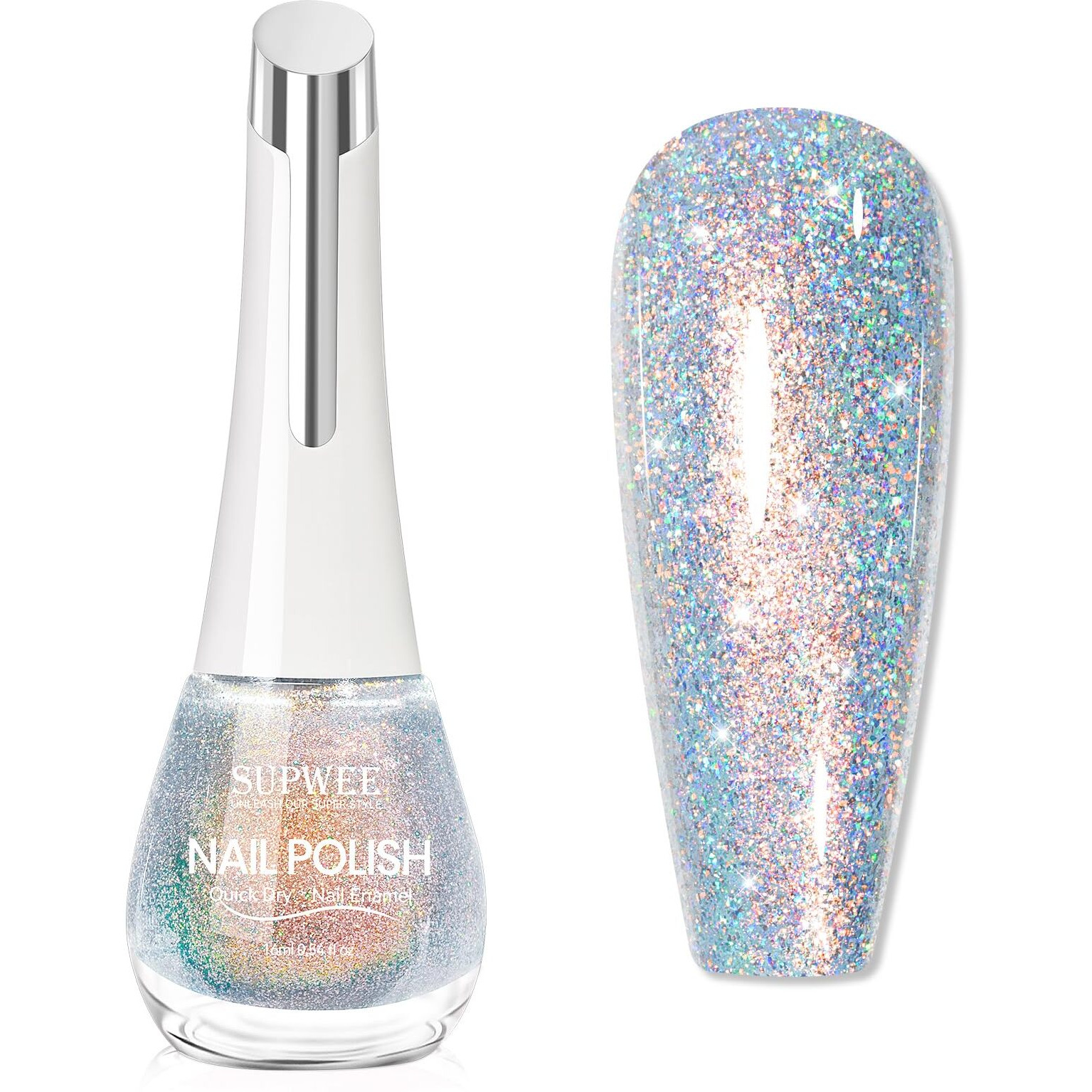 Supwee Glitter Nail Polish Quick Dry Finger Nail Polish Non Gel High Glossy Shiny Shimmer Nails Laquer Oil-Based Holo Fingernail Air Dry Fast Manicure Gift For Women Girls 16Ml, 0.54Fl Oz