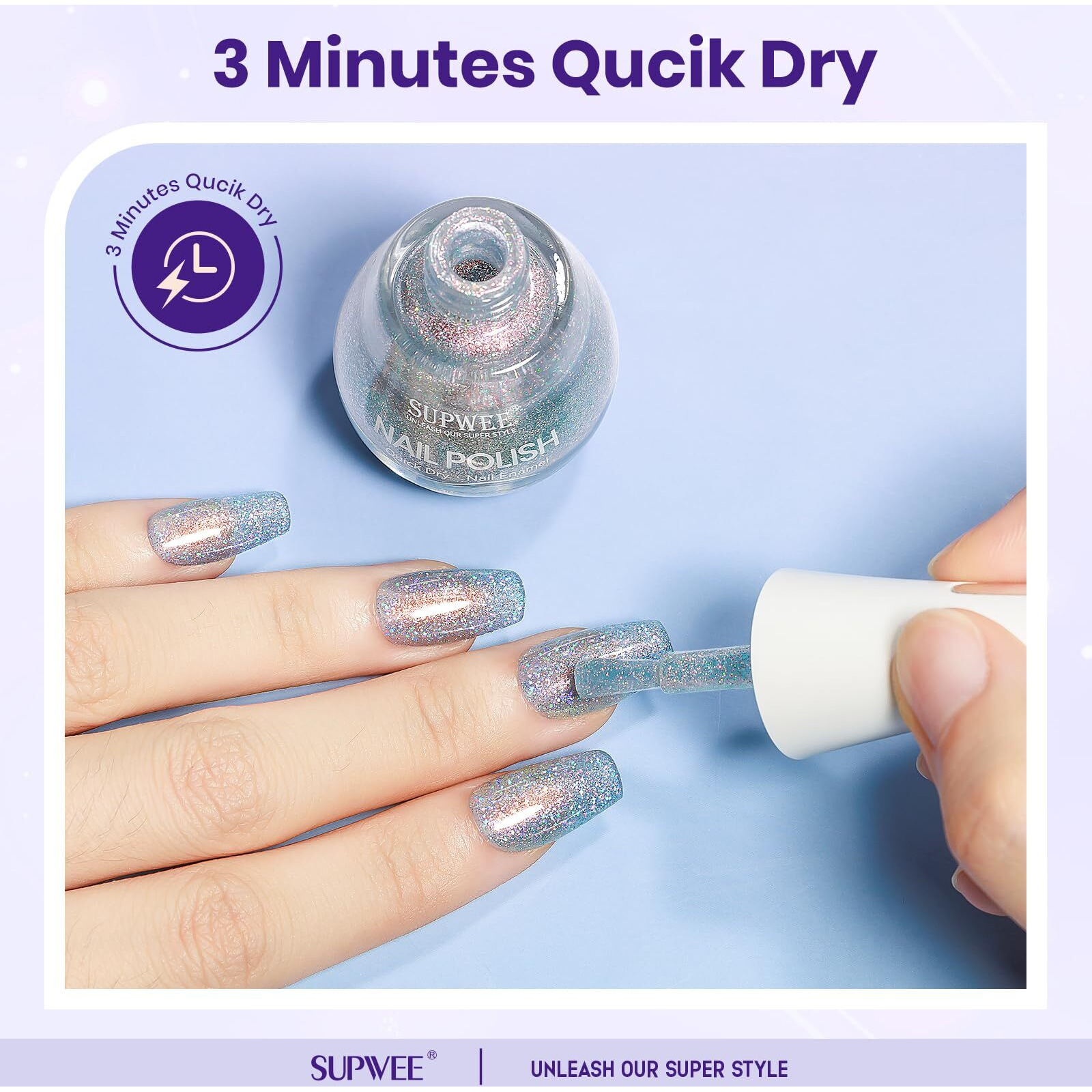 Supwee Glitter Nail Polish Quick Dry Finger Nail Polish Non Gel High Glossy Shiny Shimmer Nails Laquer Oil-Based Holo Fingernail Air Dry Fast Manicure Gift For Women Girls 16Ml, 0.54Fl Oz