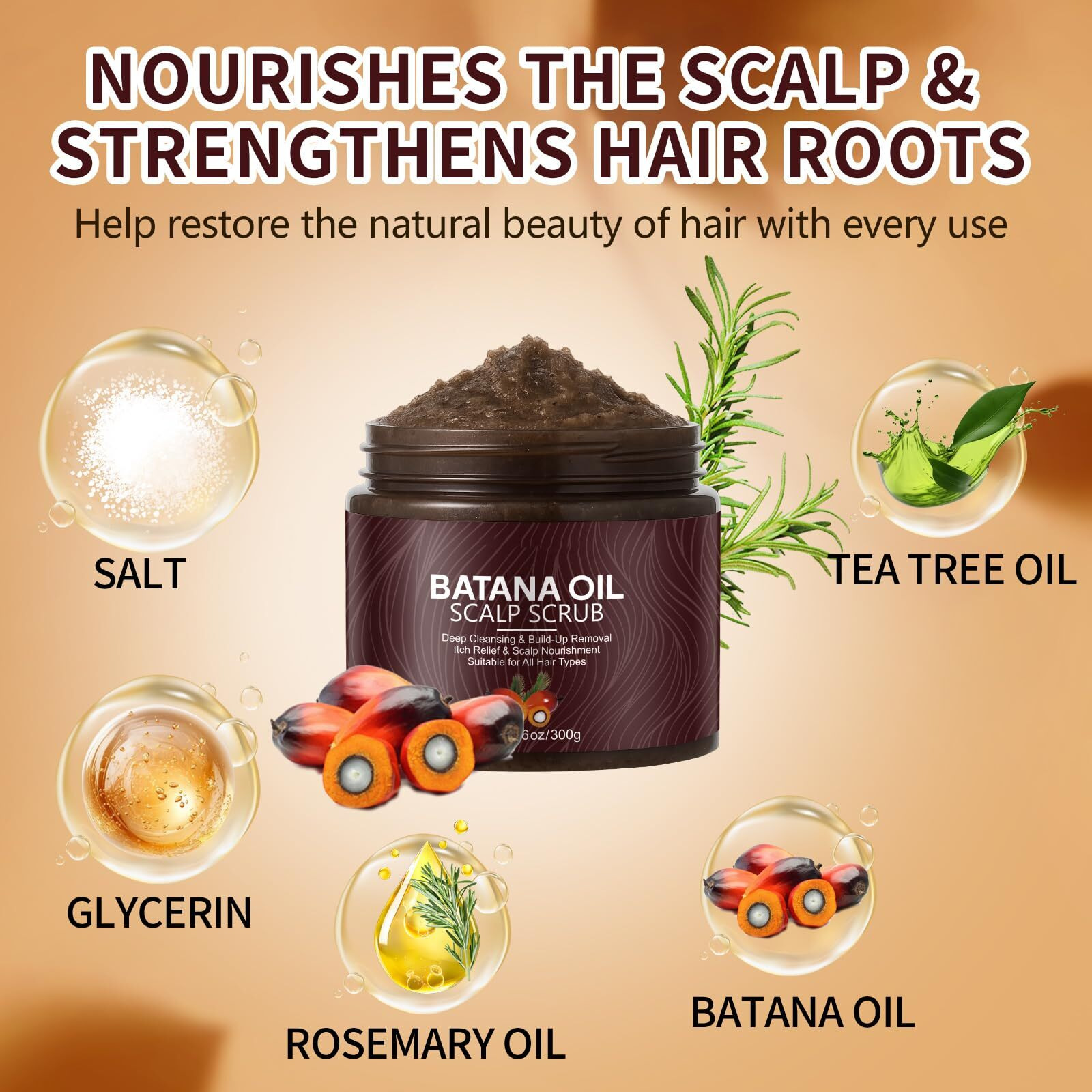 Scalp Scrub With Batana Oil, 2-In-1 Shampoo Scalp Exfoliator For Hair Treatment, Includes Silicone Scalp Massager, Removes Buildup & Dandruff, 10.6Oz