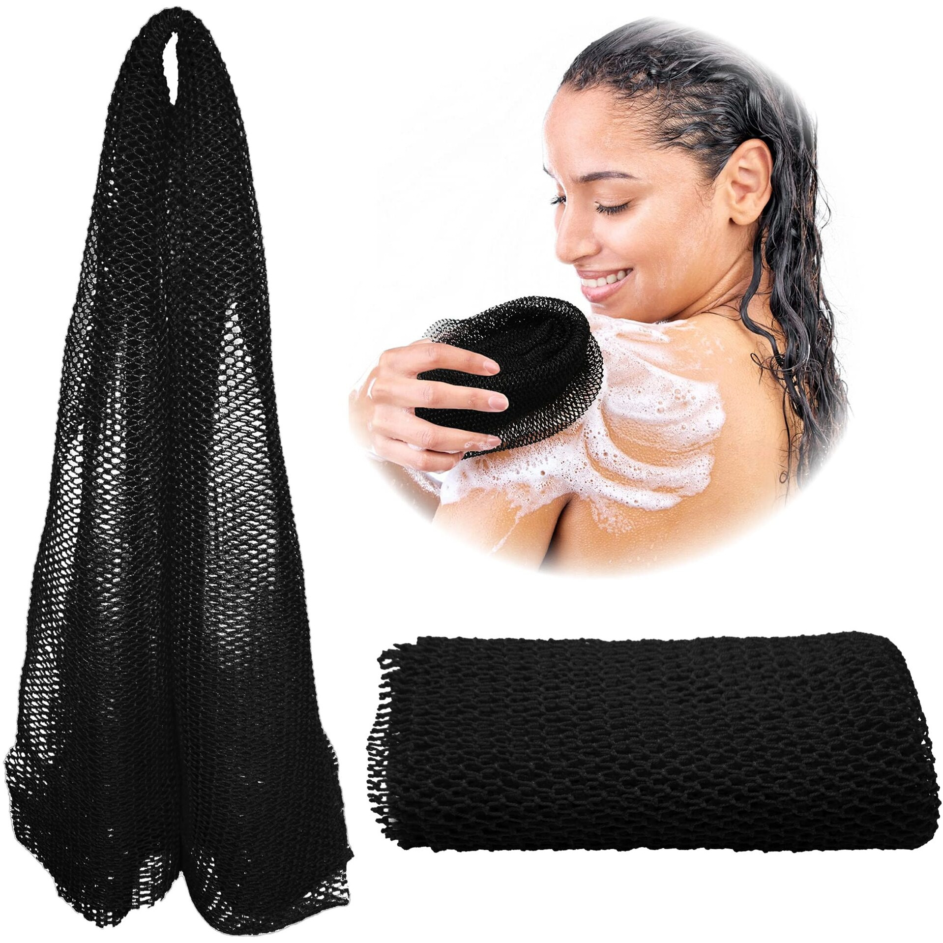 Adeton African Net Sponge, Authentic, With Knots, Exfoliating Bath Wash Cloth, Real Sapo, Black Owned, Long Sponge, Body Exfoliator, Shower Accessories, Back Foot Scalp Scrub Dead Skin Remover (Black)