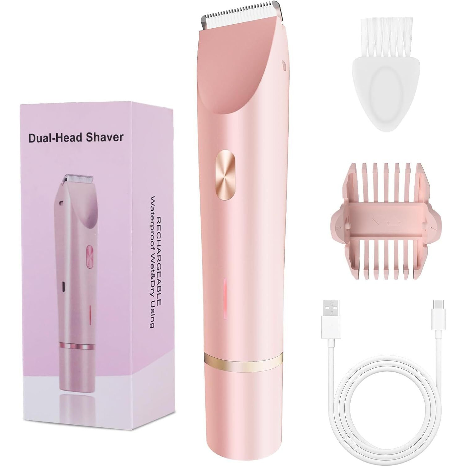 2-In-1 Bikini Trimmer For Women, Bikini Shaver With Dual Heads, Painless Body And Facial Hair Removal, Rechargeable Cordless Electric Razors For Face Chin Pubic Underarm Legs, Ipx7 Waterproof, Pink