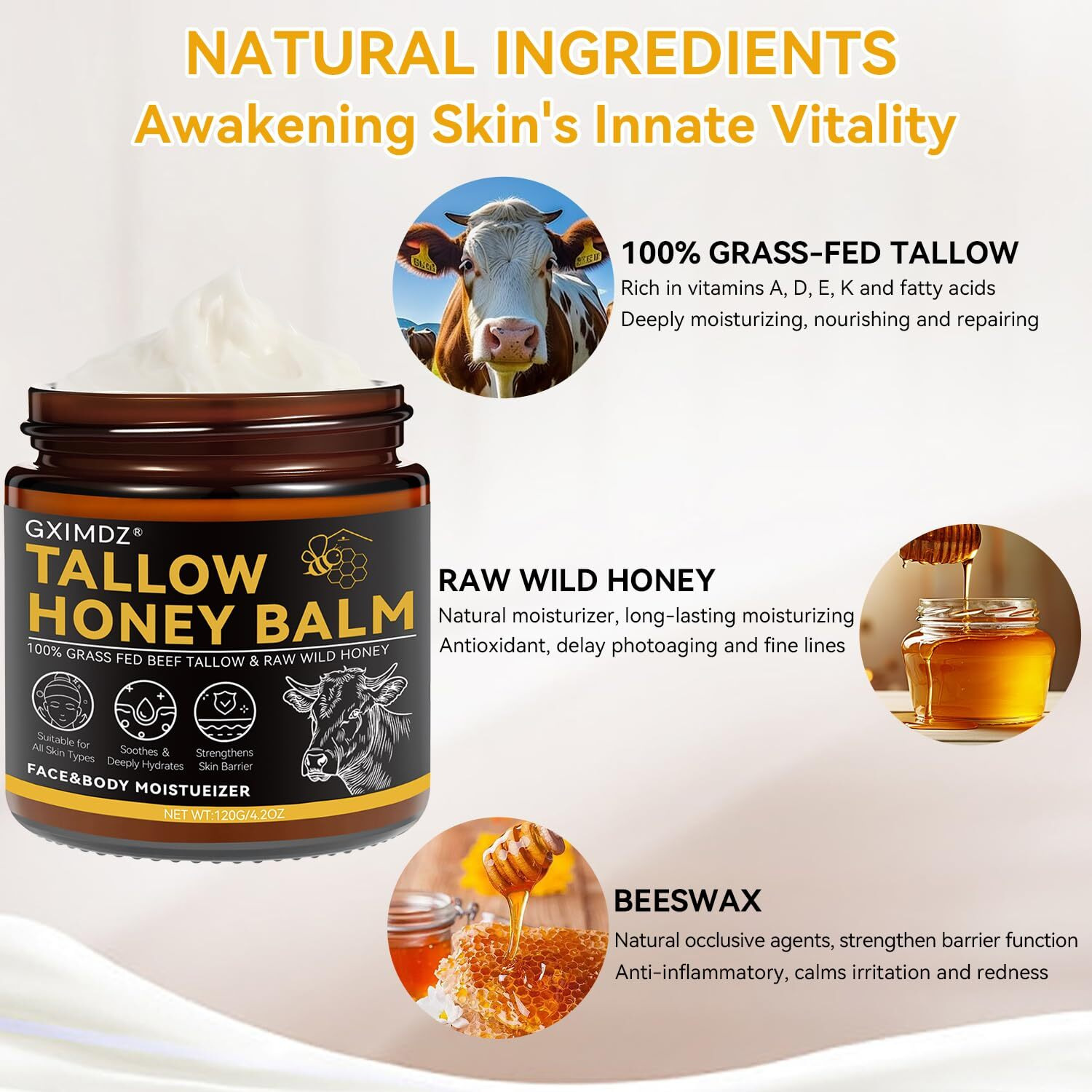Beef Tallow For Skin, Whipped Tallow And Honey Balm, Organic Grass-Fed Beef Tallow With Raw Honey & Beeswax Natural Moisturizer For Face & Body, Nourish And Soothe Sensitive, Dry Skin