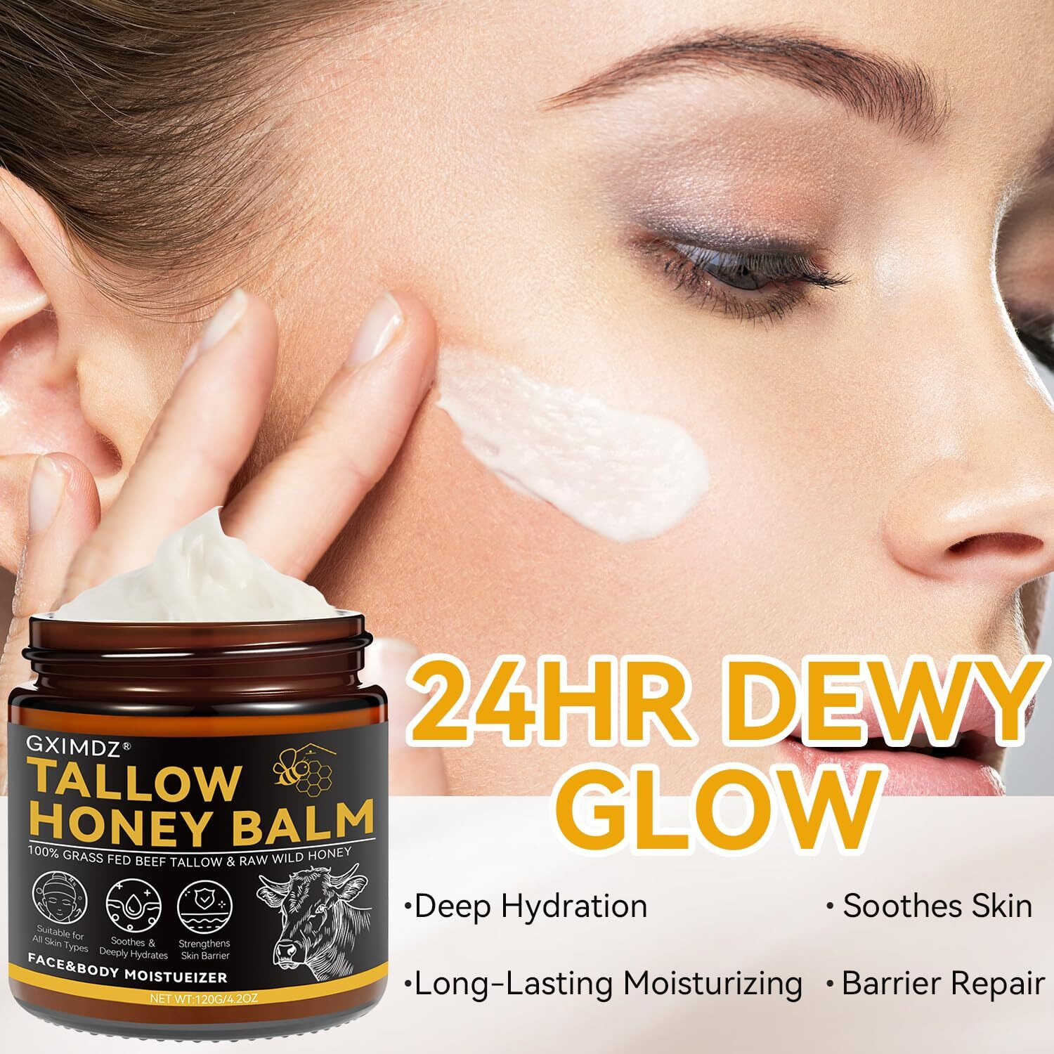 Beef Tallow For Skin, Whipped Tallow And Honey Balm, Organic Grass-Fed Beef Tallow With Raw Honey & Beeswax Natural Moisturizer For Face & Body, Nourish And Soothe Sensitive, Dry Skin