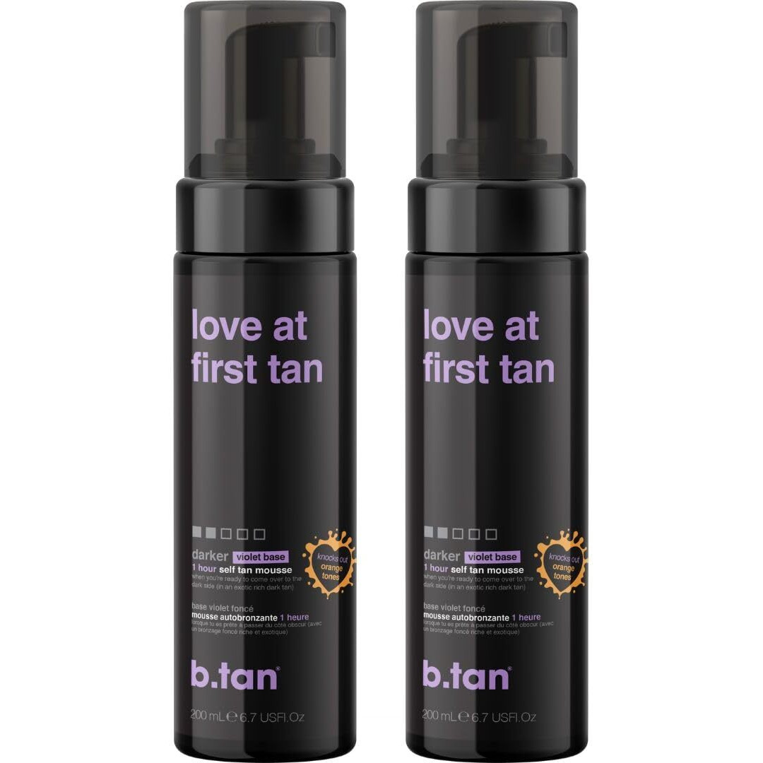 B.Tan Violet Self Tanner Mousse Bundle | Love At First Tan - Best, 1 Hour Express Sunless Tanning Foam, Cancels Orange Tones, Dark Bronzing Glow, No Fake Tan Smell, Face & Body, 6.7 Fl Oz, Pack Of 2