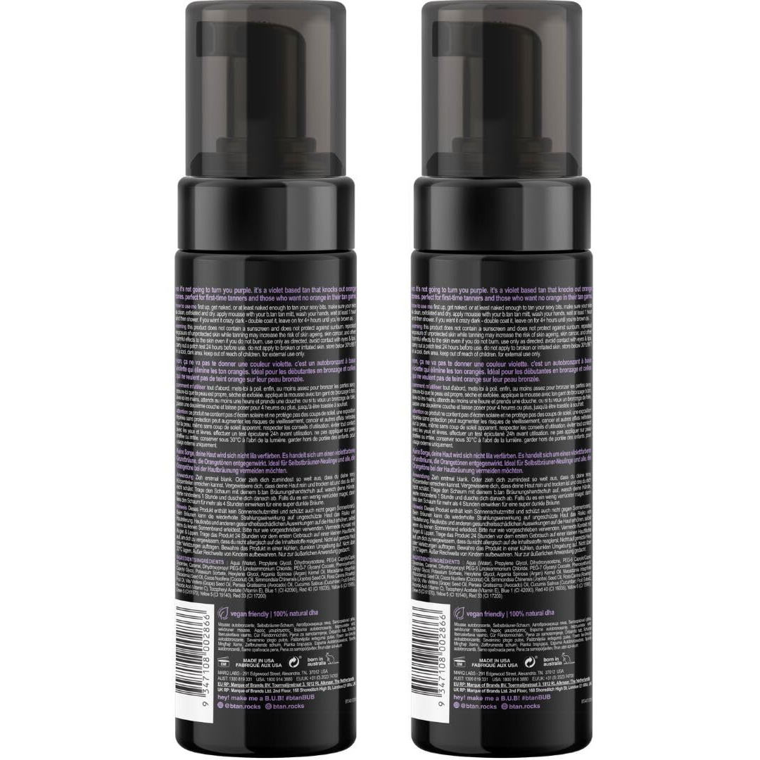 B.Tan Violet Self Tanner Mousse Bundle | Love At First Tan - Best, 1 Hour Express Sunless Tanning Foam, Cancels Orange Tones, Dark Bronzing Glow, No Fake Tan Smell, Face & Body, 6.7 Fl Oz, Pack Of 2