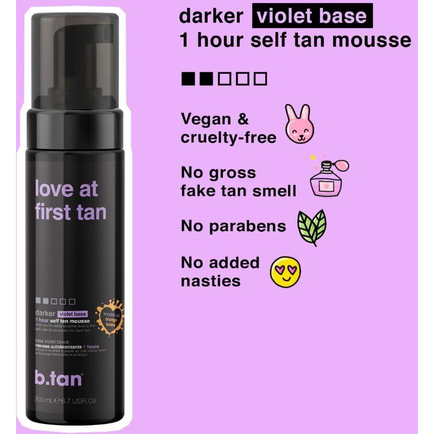 B.Tan Violet Self Tanner Mousse Bundle | Love At First Tan - Best, 1 Hour Express Sunless Tanning Foam, Cancels Orange Tones, Dark Bronzing Glow, No Fake Tan Smell, Face & Body, 6.7 Fl Oz, Pack Of 2