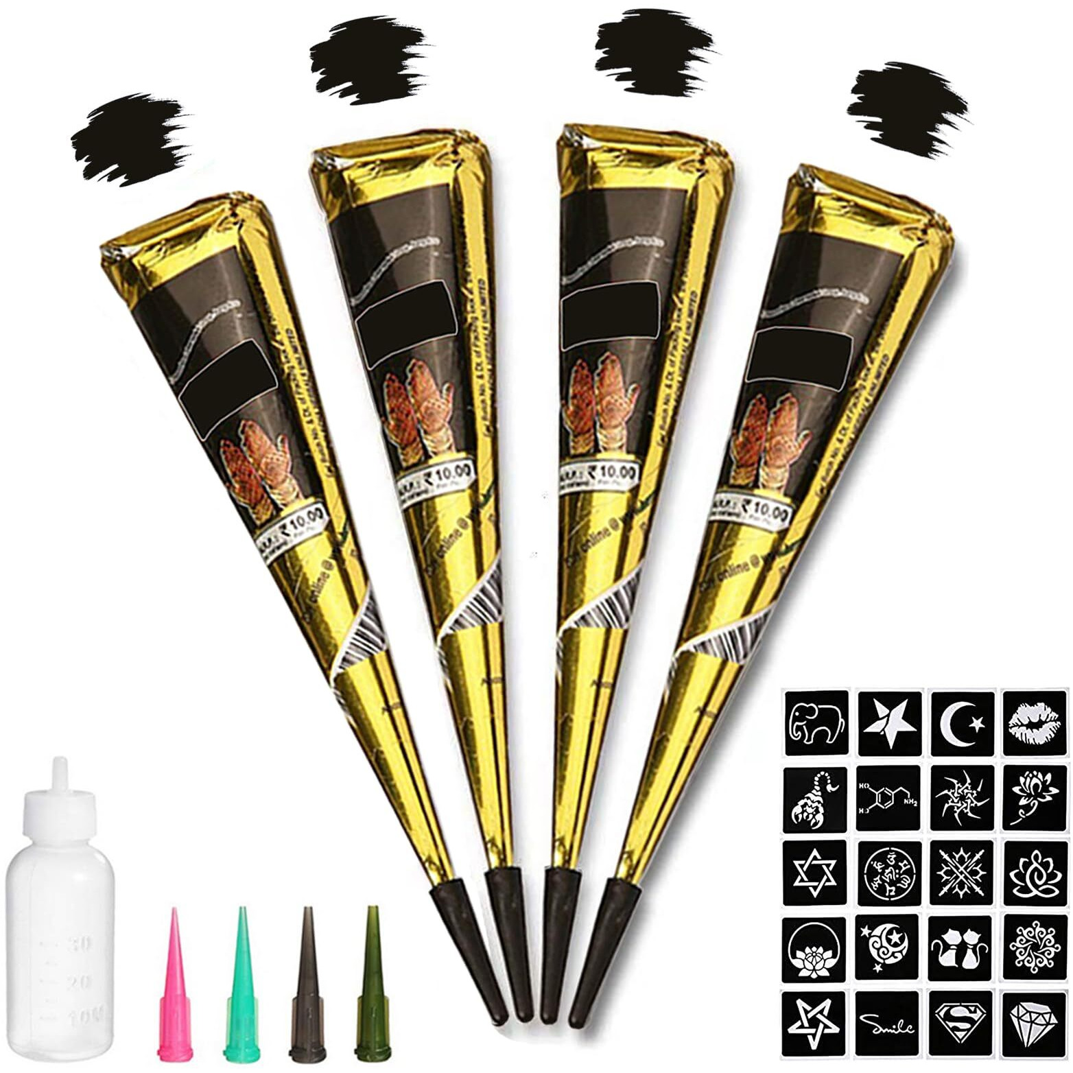 Tizoerly Black Tattoo Cones, 4Pcs Black Temporary Tattoo Kit, 100% Natural Ready To Use Black Tattoo Paste, India Body Diy Art Painting For Women Men Kids With 20 Adhesive Stencils, 1 Bottle, 4Nozzles