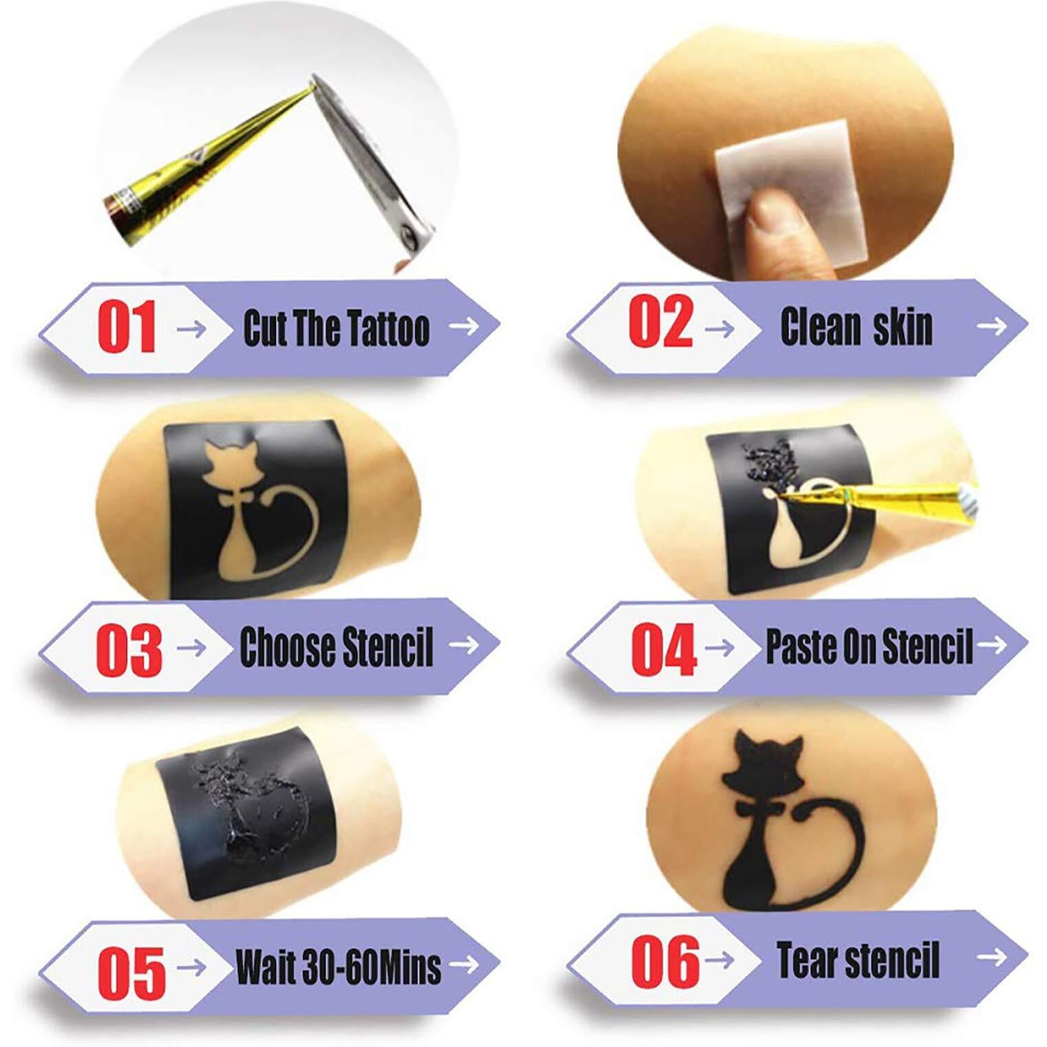 Tizoerly Black Tattoo Cones, 4Pcs Black Temporary Tattoo Kit, 100% Natural Ready To Use Black Tattoo Paste, India Body Diy Art Painting For Women Men Kids With 20 Adhesive Stencils, 1 Bottle, 4Nozzles