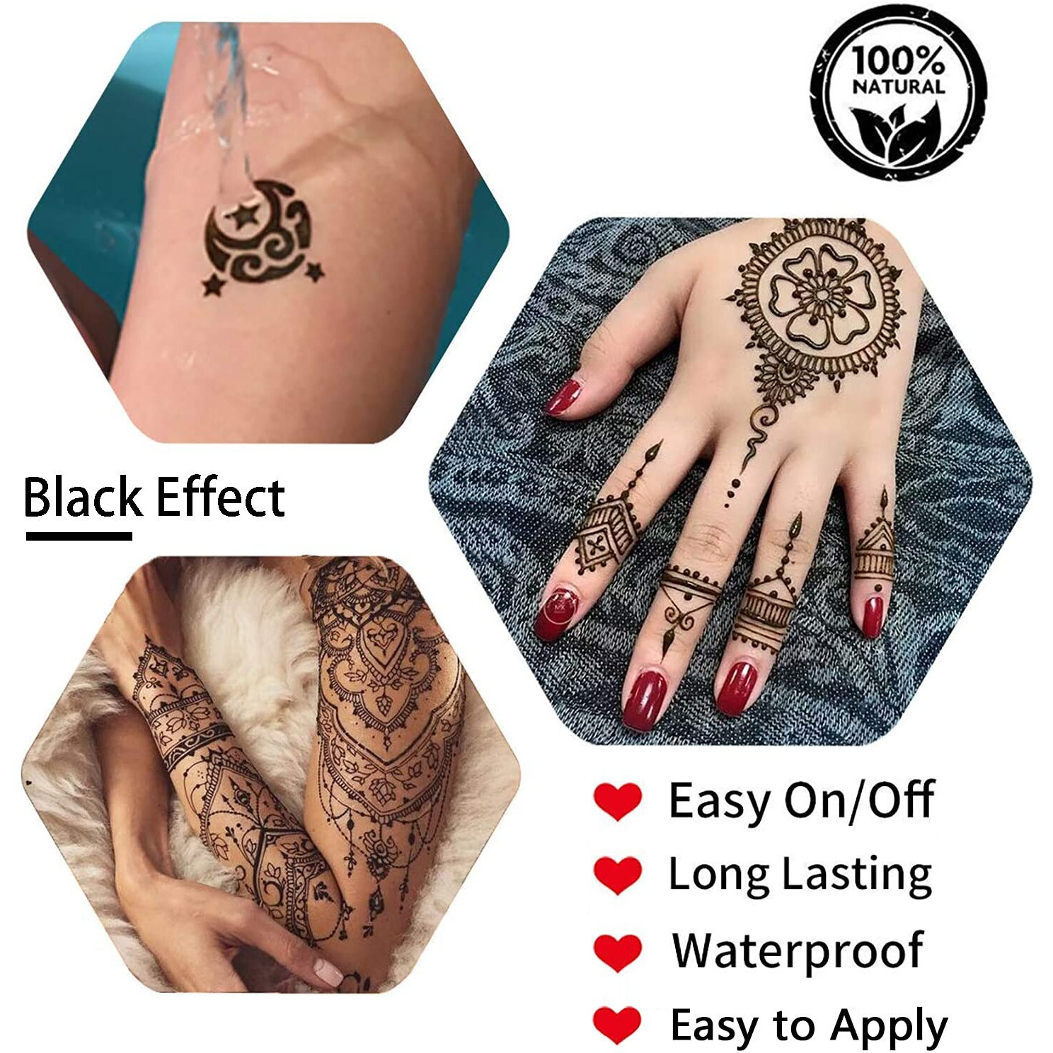 Tizoerly Black Tattoo Cones, 4Pcs Black Temporary Tattoo Kit, 100% Natural Ready To Use Black Tattoo Paste, India Body Diy Art Painting For Women Men Kids With 20 Adhesive Stencils, 1 Bottle, 4Nozzles