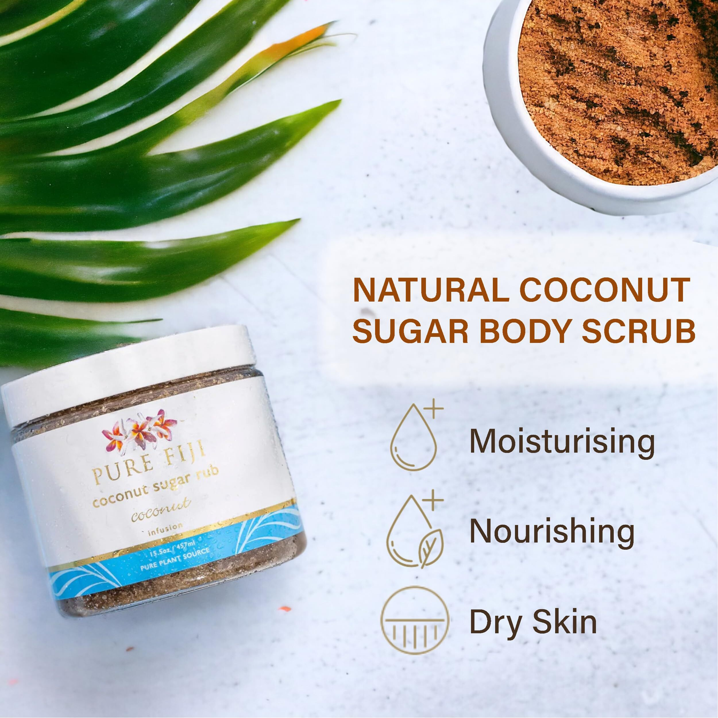 Pure Fiji Coconut Sugar Body Scrub - Body Exfoliator Scrub Natural Origin For Smooths And Softens Skin - Organic Exfoliating Sugar Scrub For Body, Coconut, 15.5 Oz
