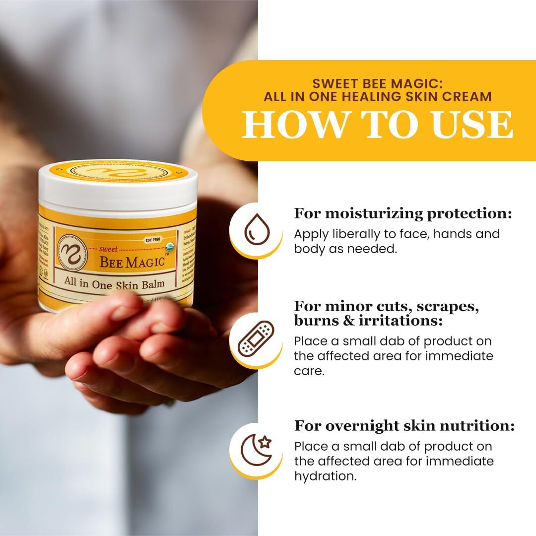 Sweet Bee Naturals - Organic Certified All-In-One Balm & Ointment For Face & Body, Multipurpose Moisturizer For Dryness, & Irritation, Bee Magic Skin Care Essentials - 3 Jars (2Oz Each, 6Oz Total)